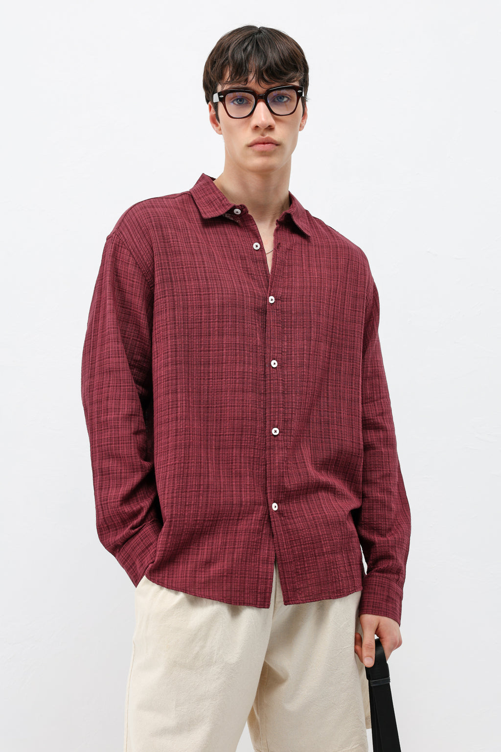 Dokulu Keten Görünümlü Oversize Gömlek Bordo