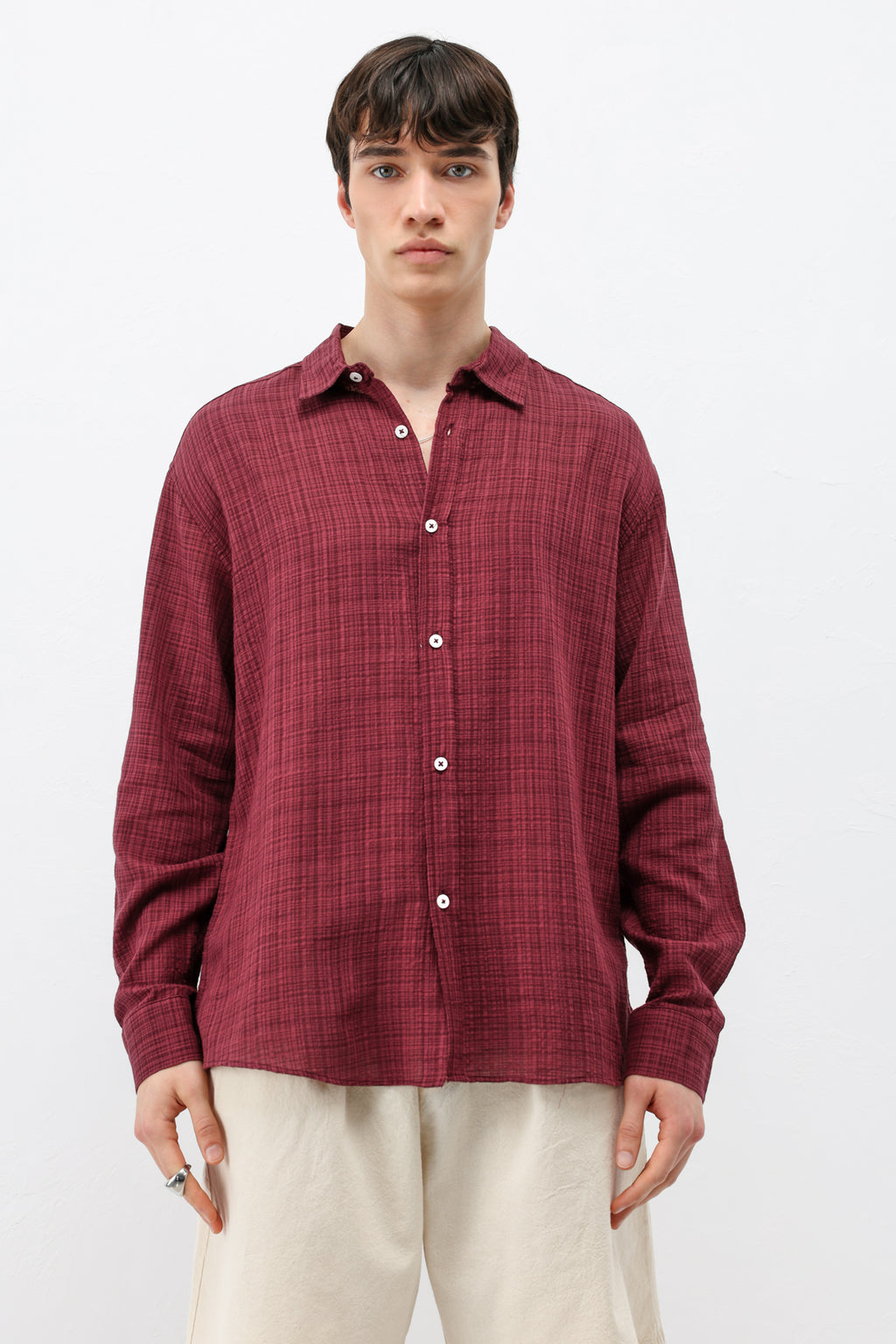 Dokulu Keten Görünümlü Oversize Gömlek Bordo
