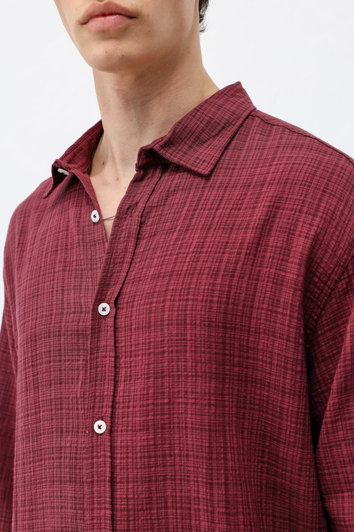 Dokulu Keten Görünümlü Oversize Gömlek Bordo