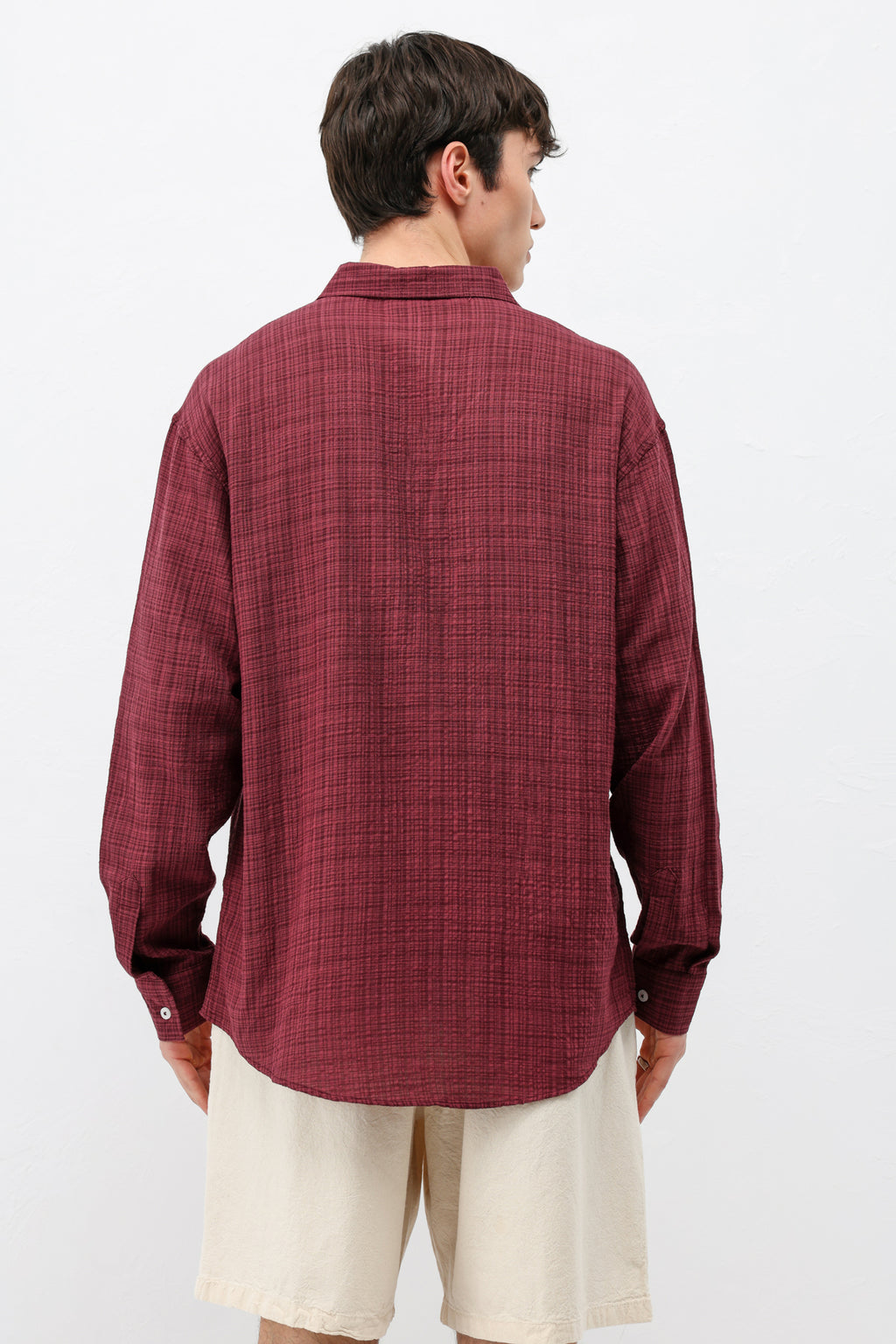 Dokulu Keten Görünümlü Oversize Gömlek Bordo