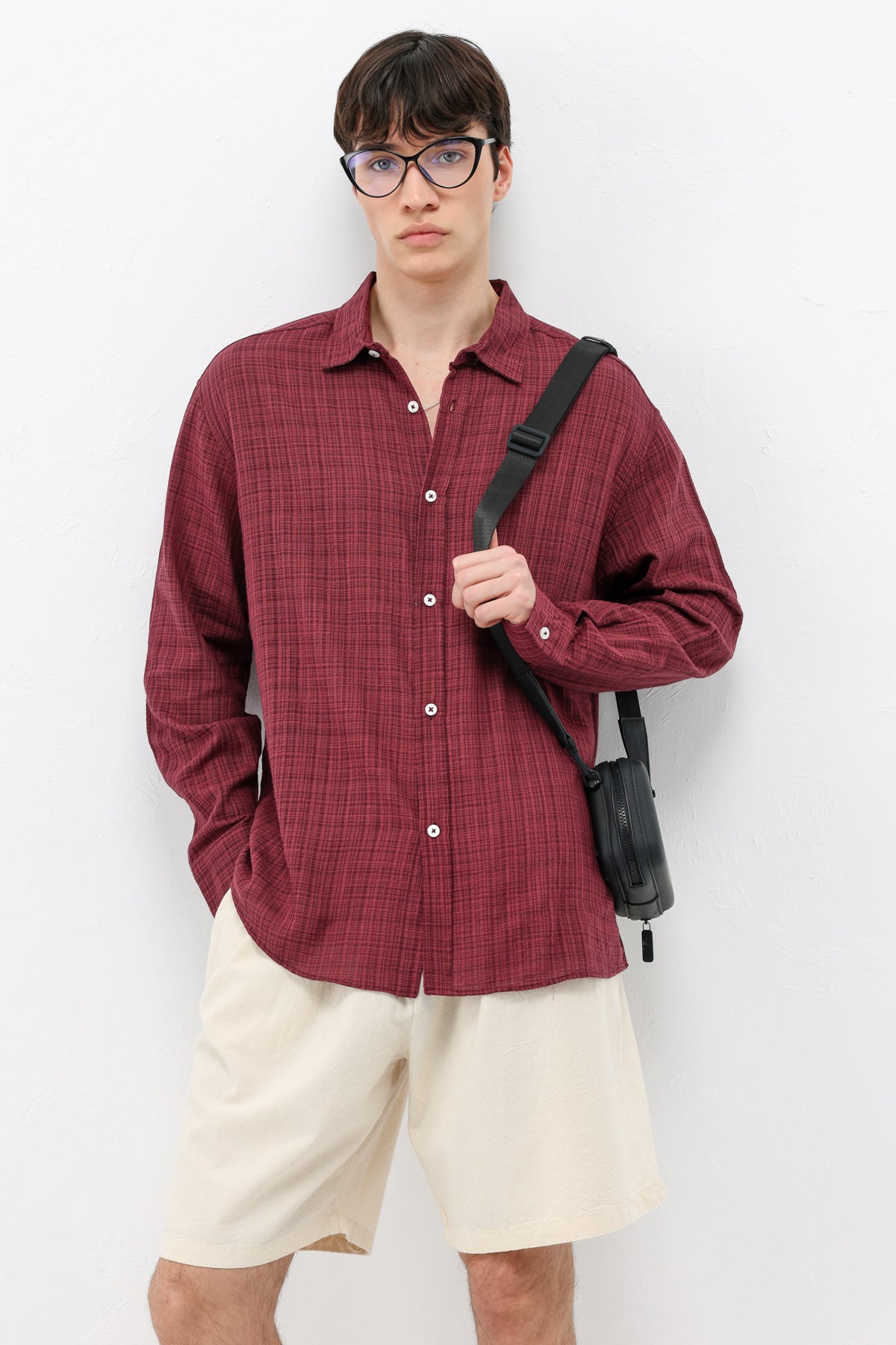 Dokulu Keten Görünümlü Oversize Gömlek Bordo