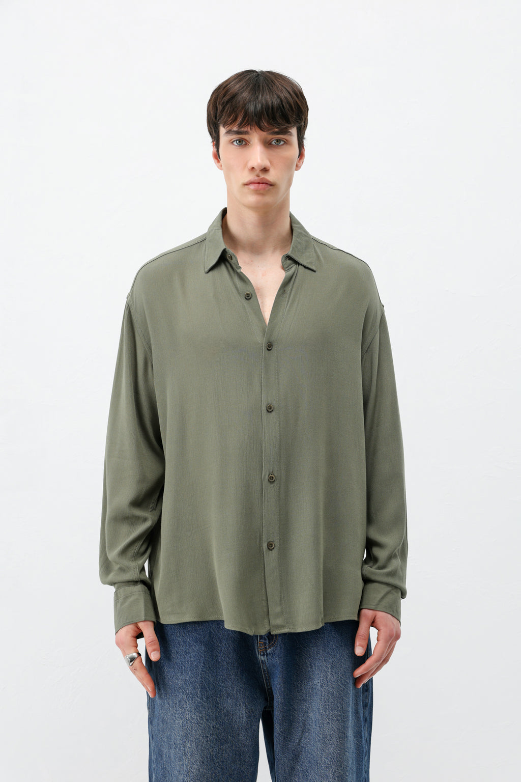Hafif Dokulu Oversize Gömlek Haki