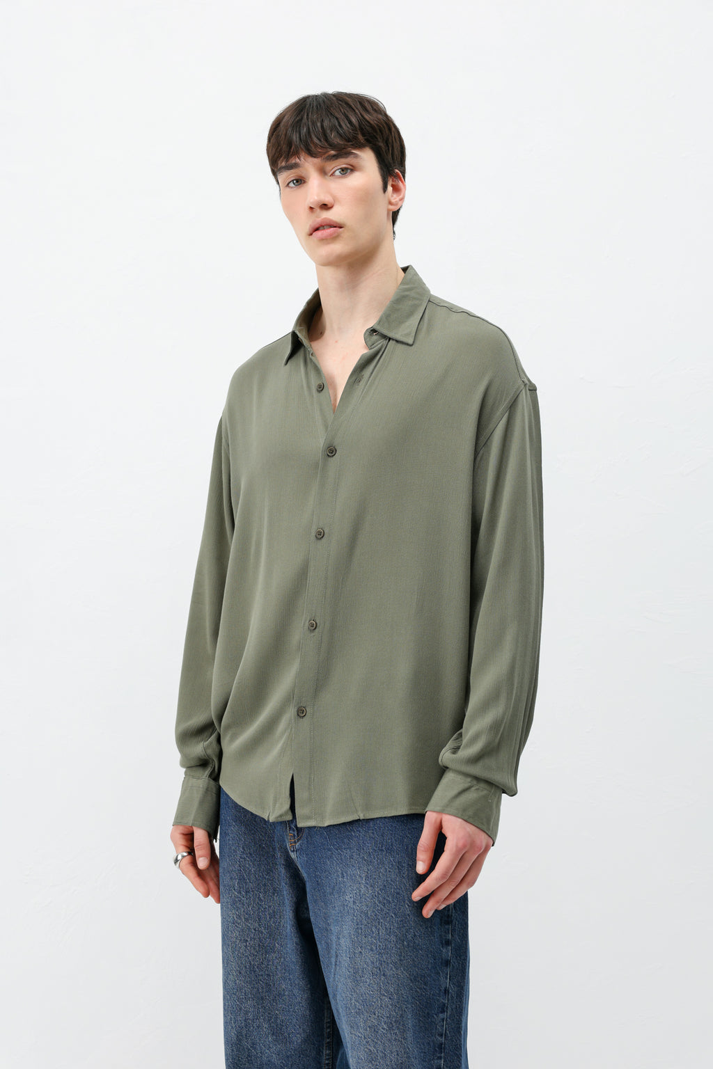 Hafif Dokulu Oversize Gömlek Haki