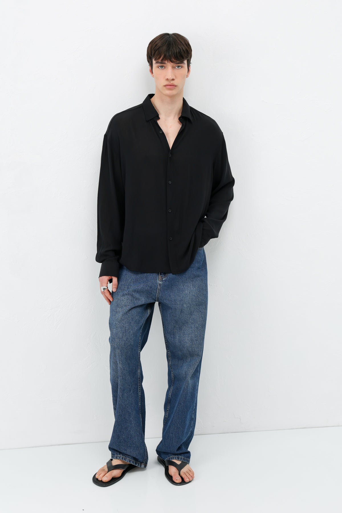 Hafif Dokulu Oversize Gömlek Siyah