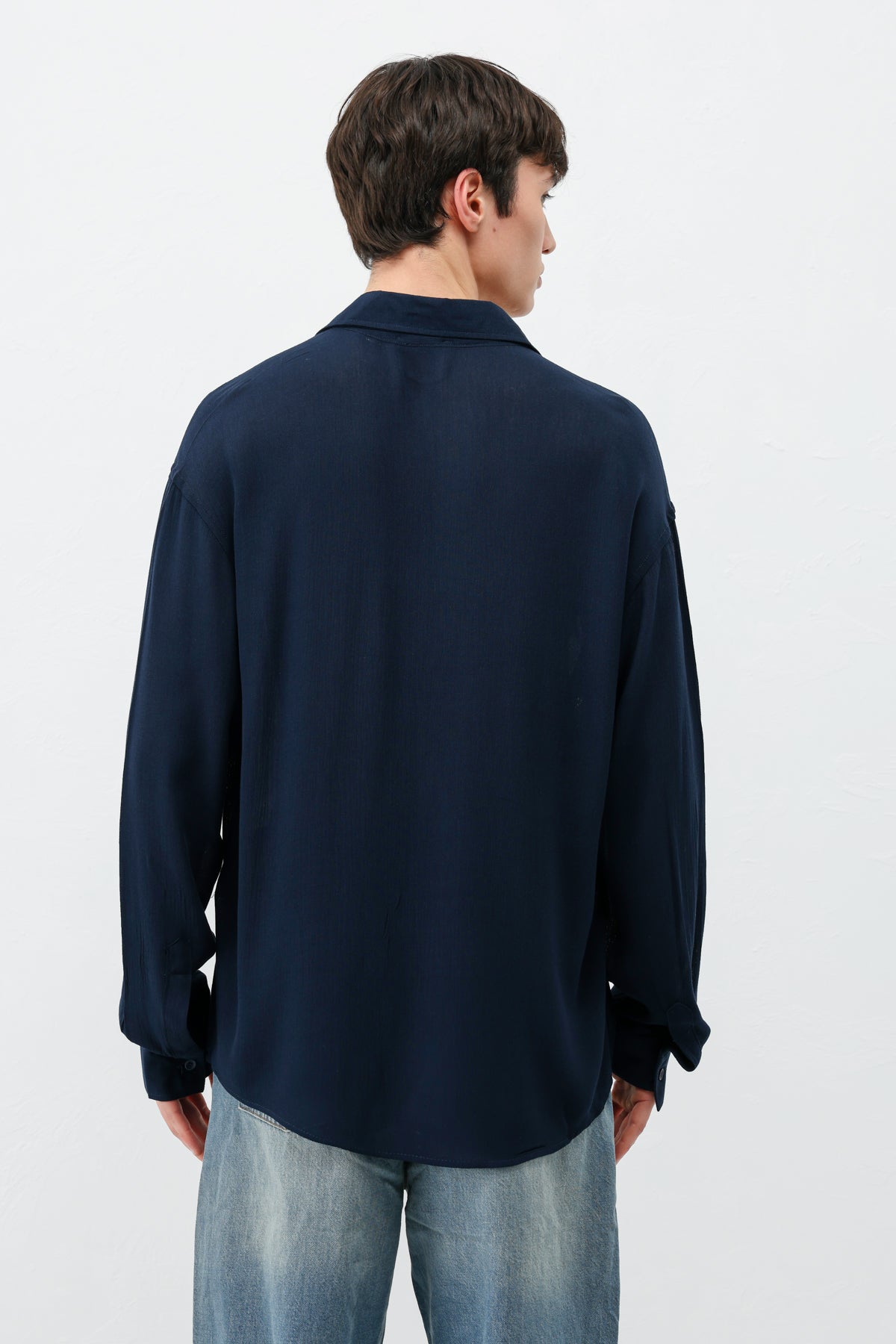 Hafif Dokulu Oversize Gömlek Lacivert