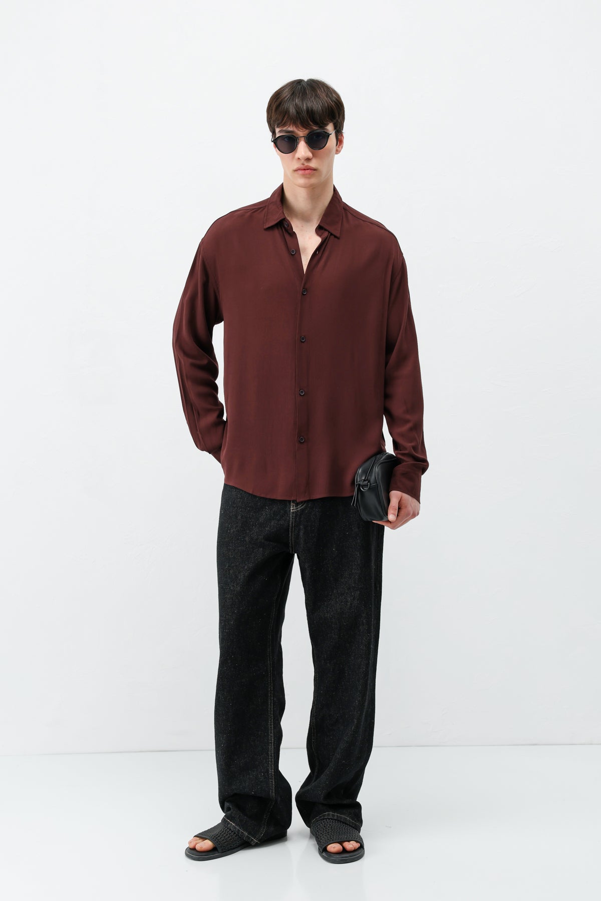 Hafif Dokulu Oversize Gömlek Bordo