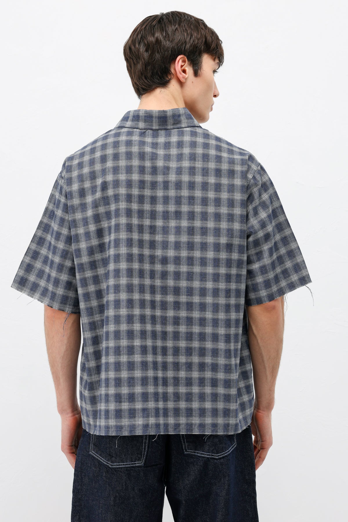 Kareli Kısa Kollu Oversize Gömlek Lacivert