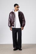 Basıc Suni Deri Oversize Ceket Bordo