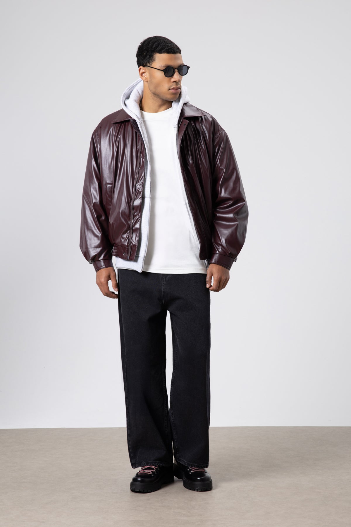 Basıc Suni Deri Oversize Ceket Bordo