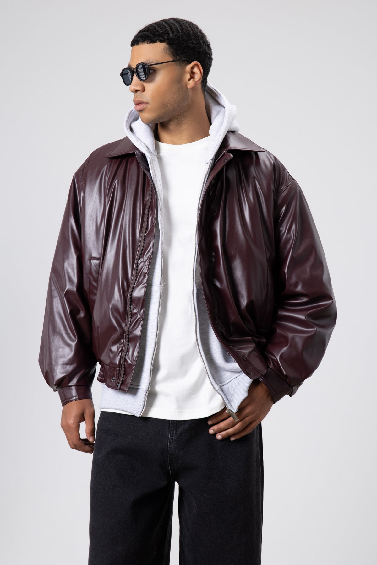 Basıc Suni Deri Oversize Ceket Bordo