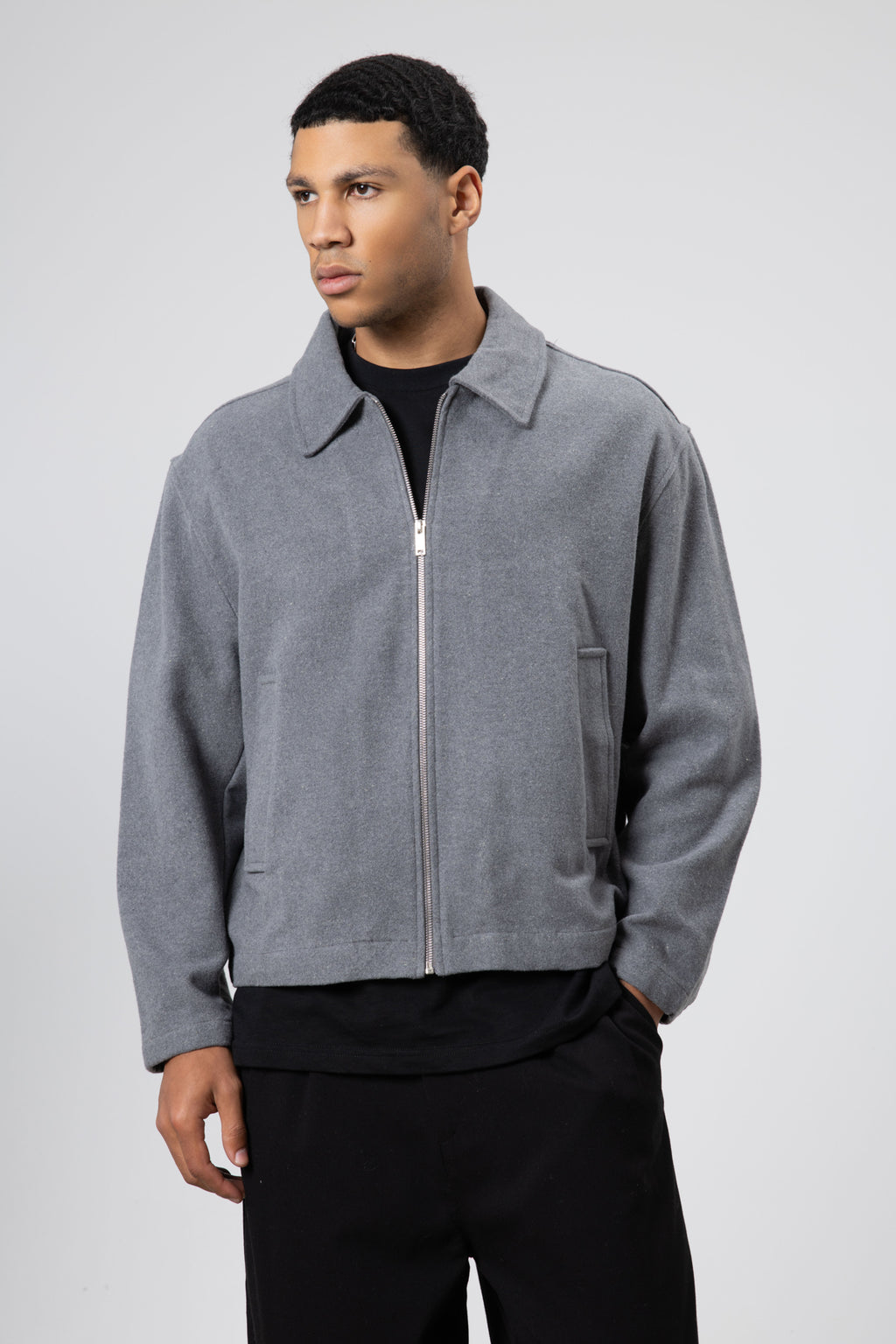 Oversize Fermuarlı Kaşe Ceket Gri