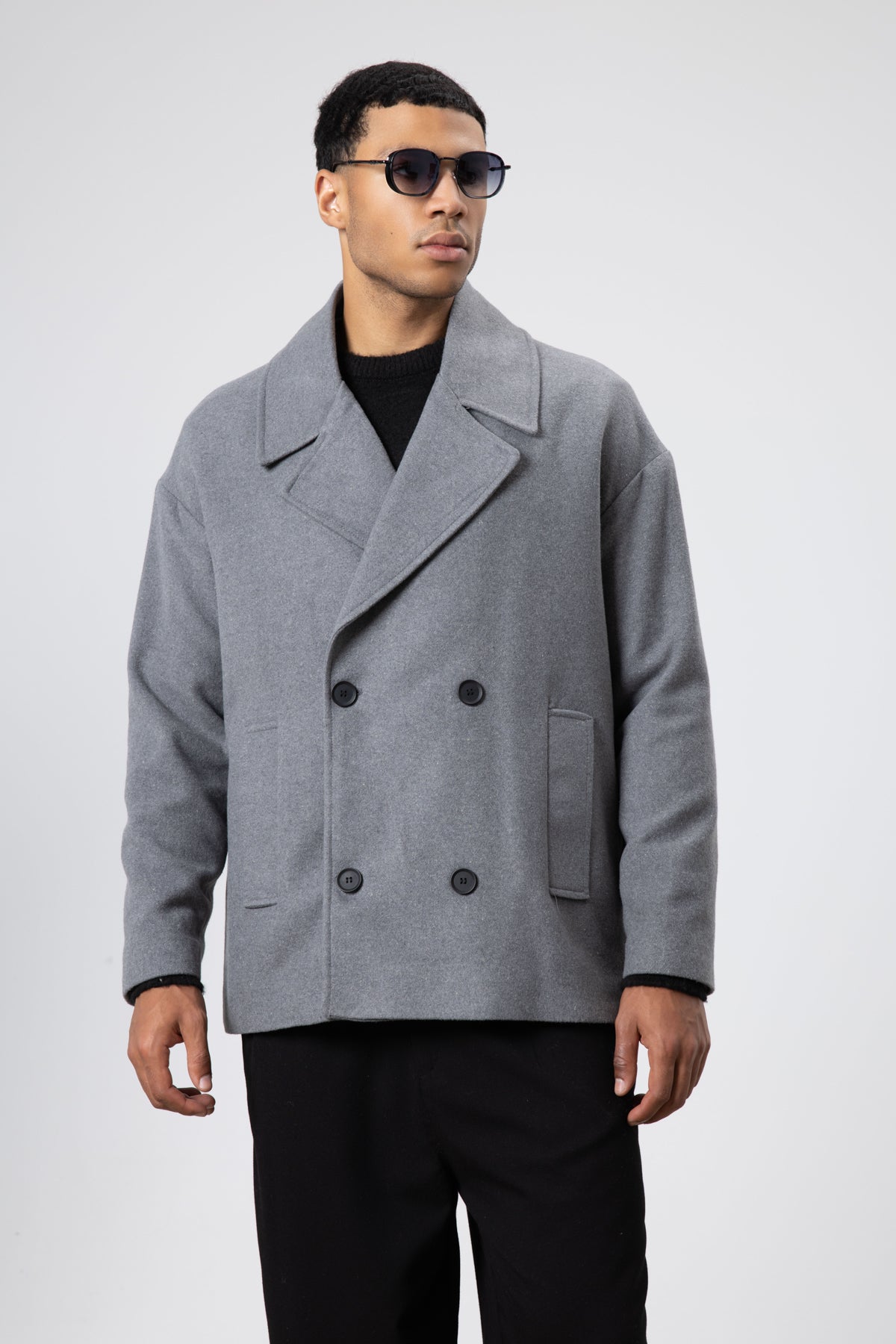 Oversize Kruvaze Kısa Kaşe Ceket Gri