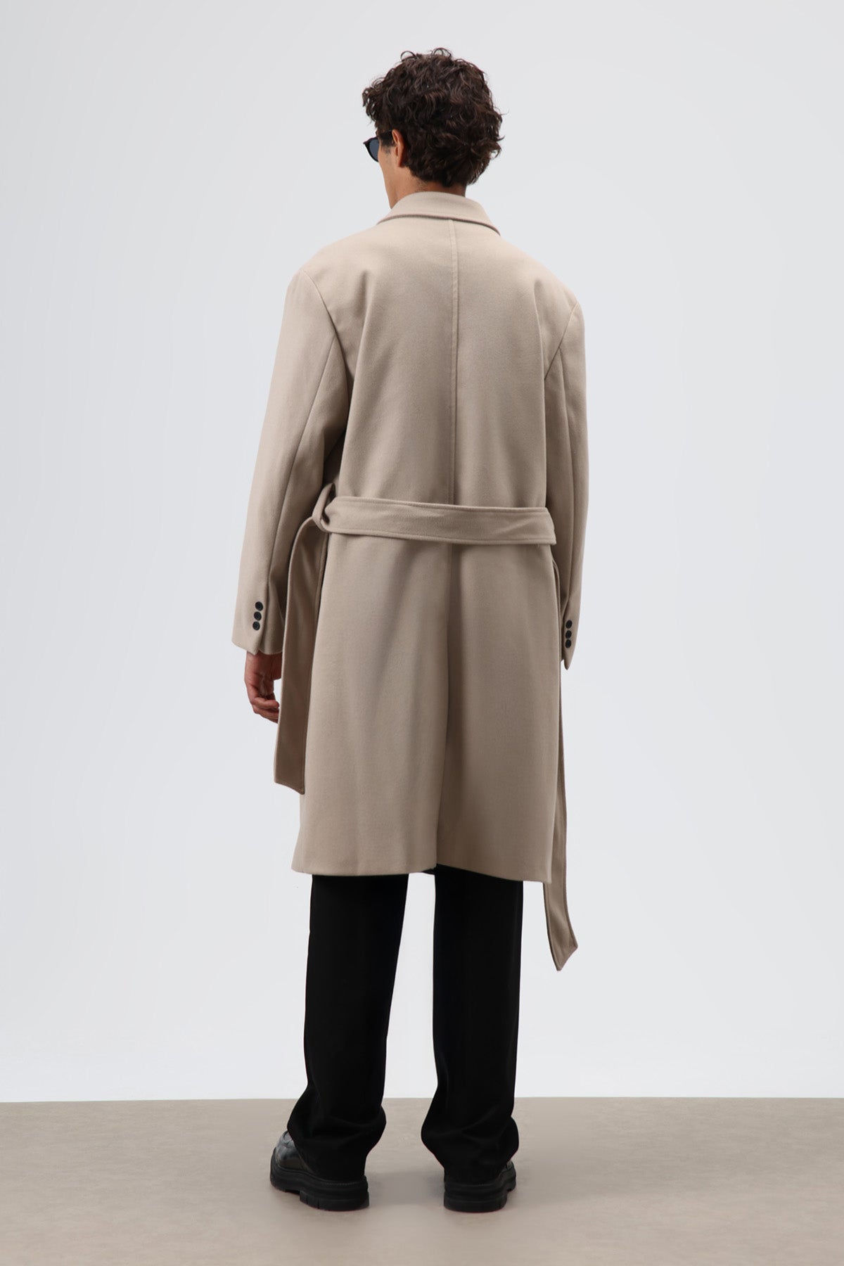 Oversize Kruvaze Kaşe Kaban Bej