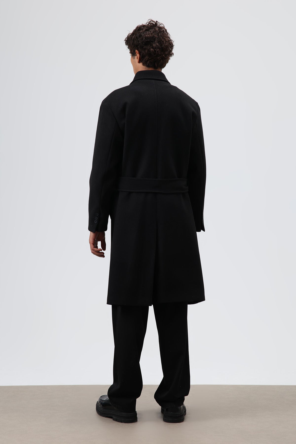 Oversize Kruvaze Kaşe Kaban Siyah
