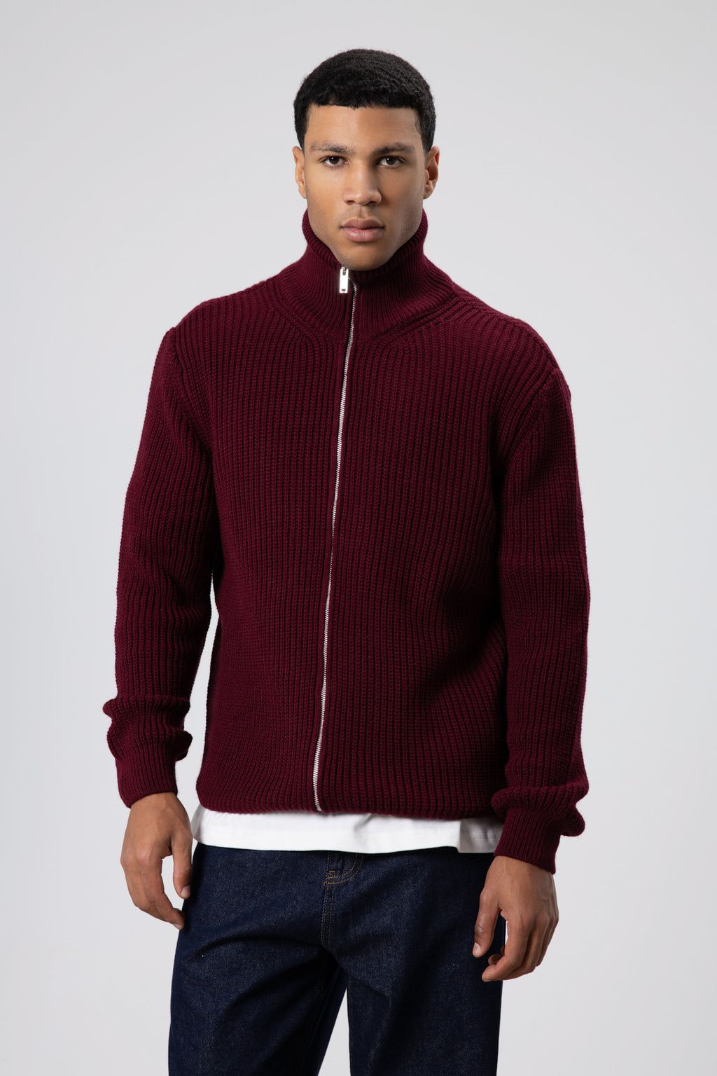 Oversize Fermuarlı Triko Hırka Bordo