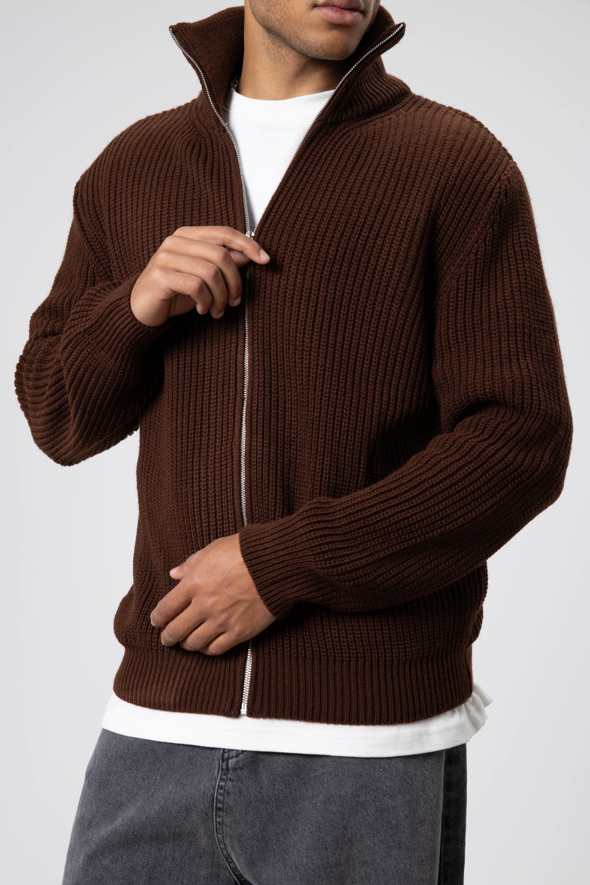 Oversize Fermuarlı Triko Hırka Kahve