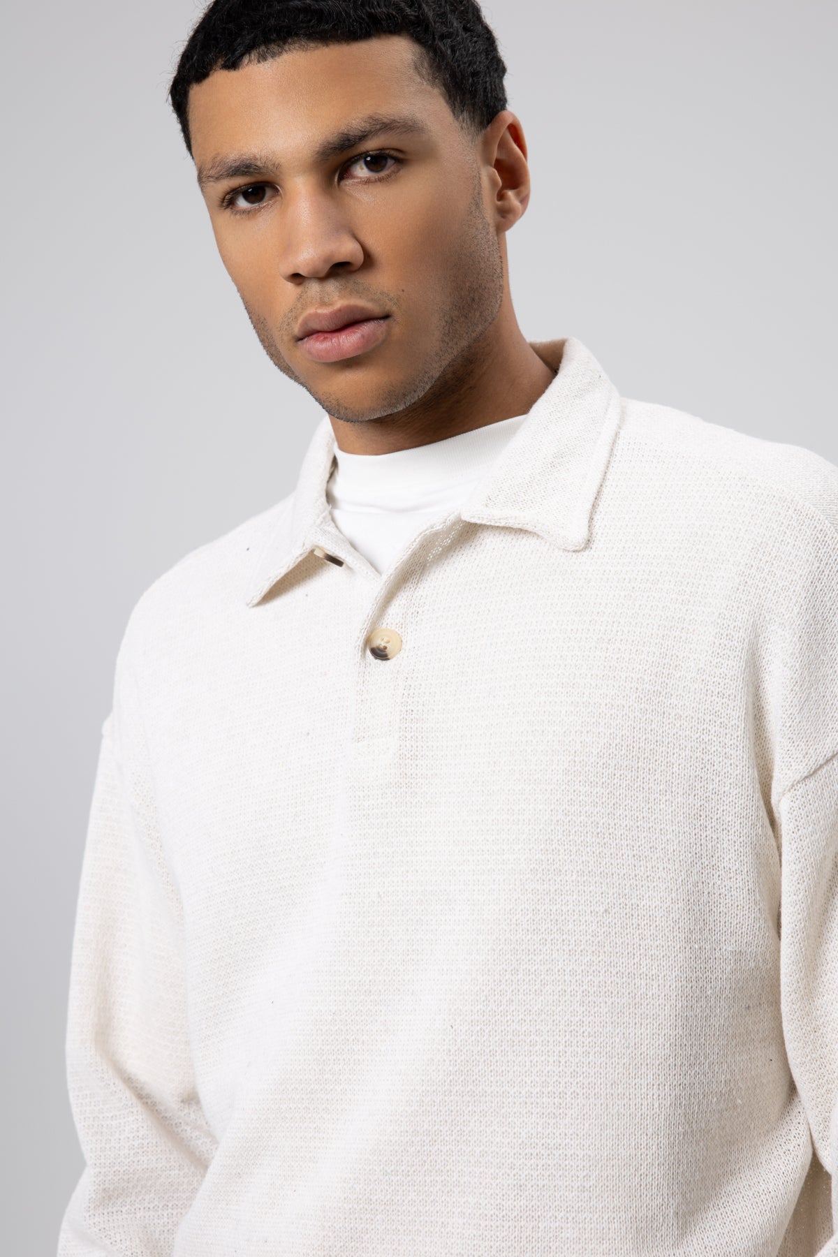 Oversize Polo Yaka Triko Kazak Ekru
