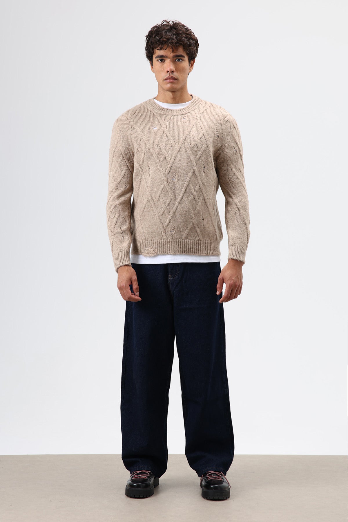 Oversize Desenli Triko Kazak Bej