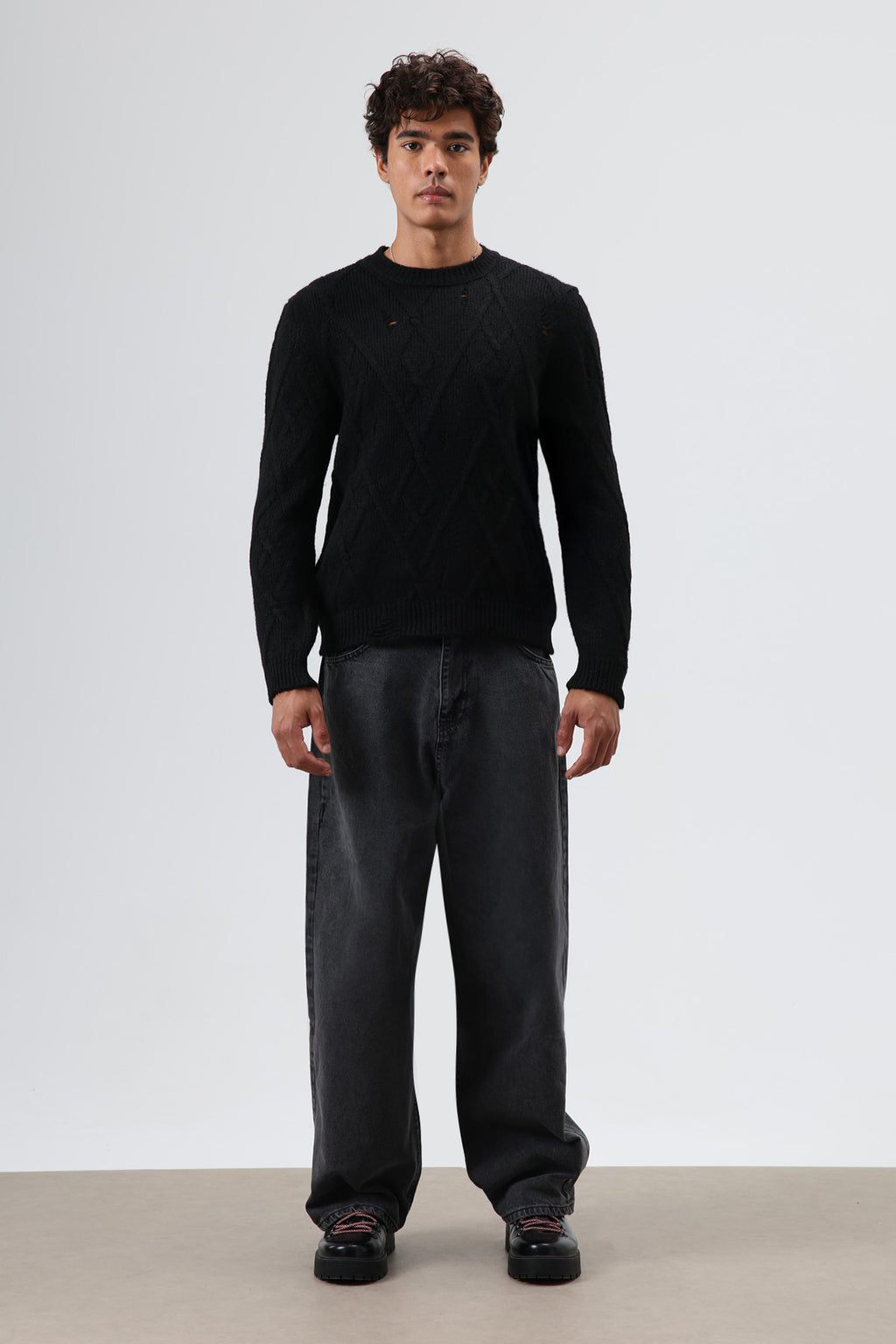 Oversize Desenli Triko Kazak Siyah