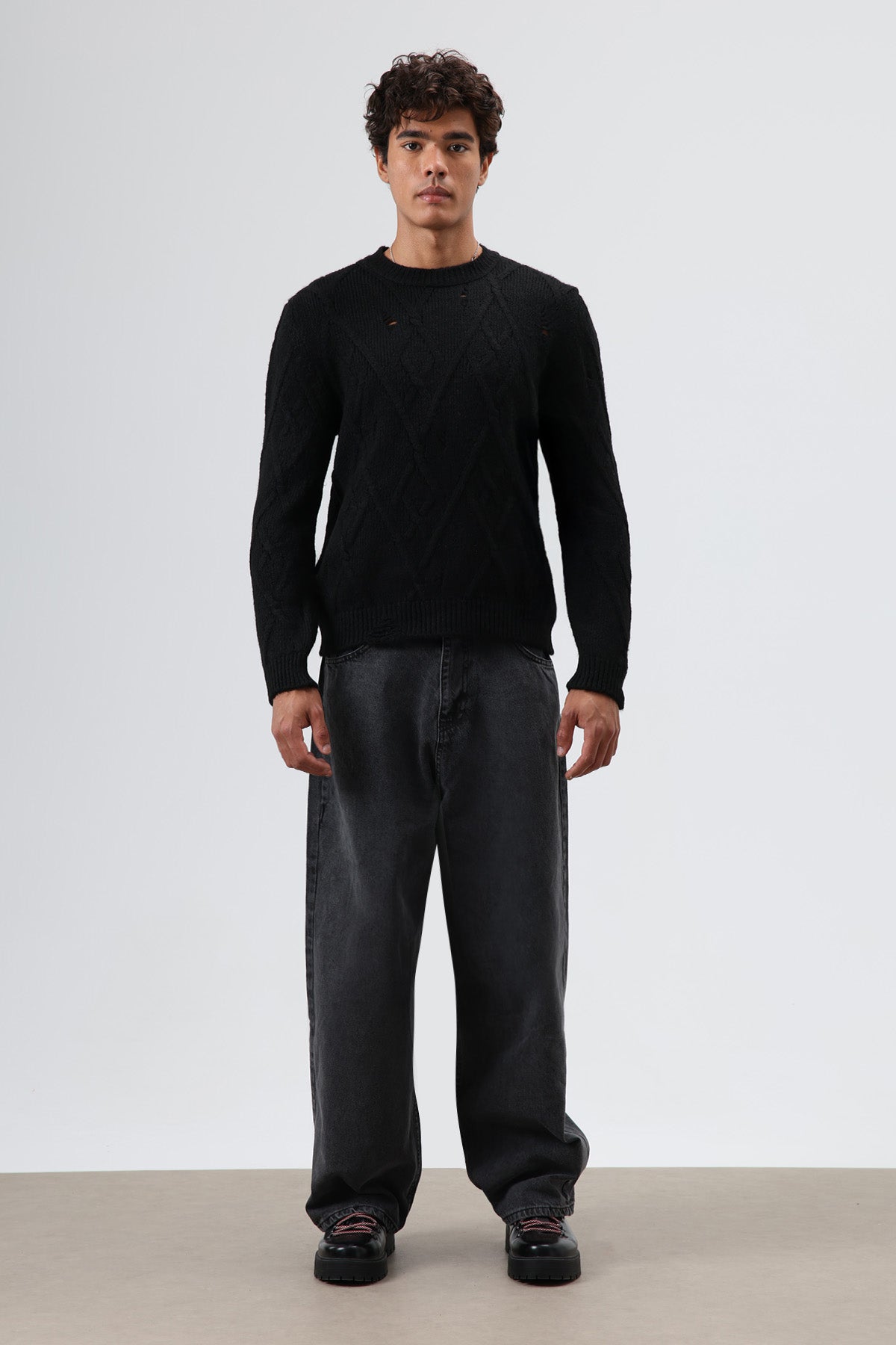 Oversize Desenli Triko Kazak Siyah
