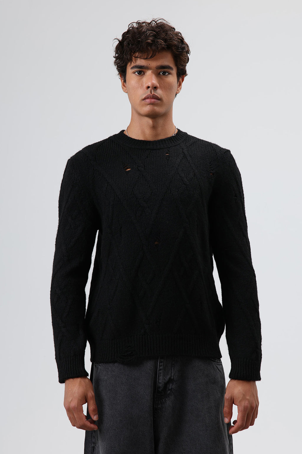 Oversize Desenli Triko Kazak Siyah