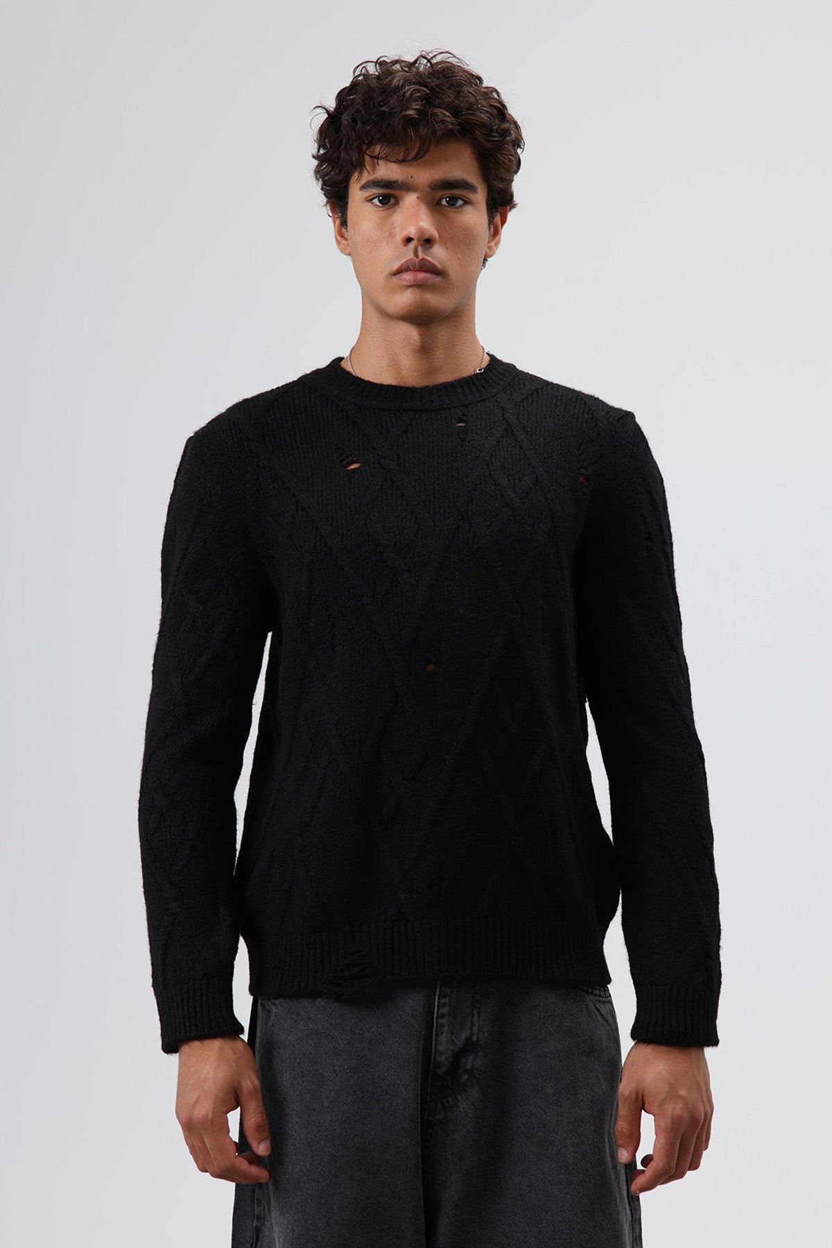 Oversize Desenli Triko Kazak Siyah