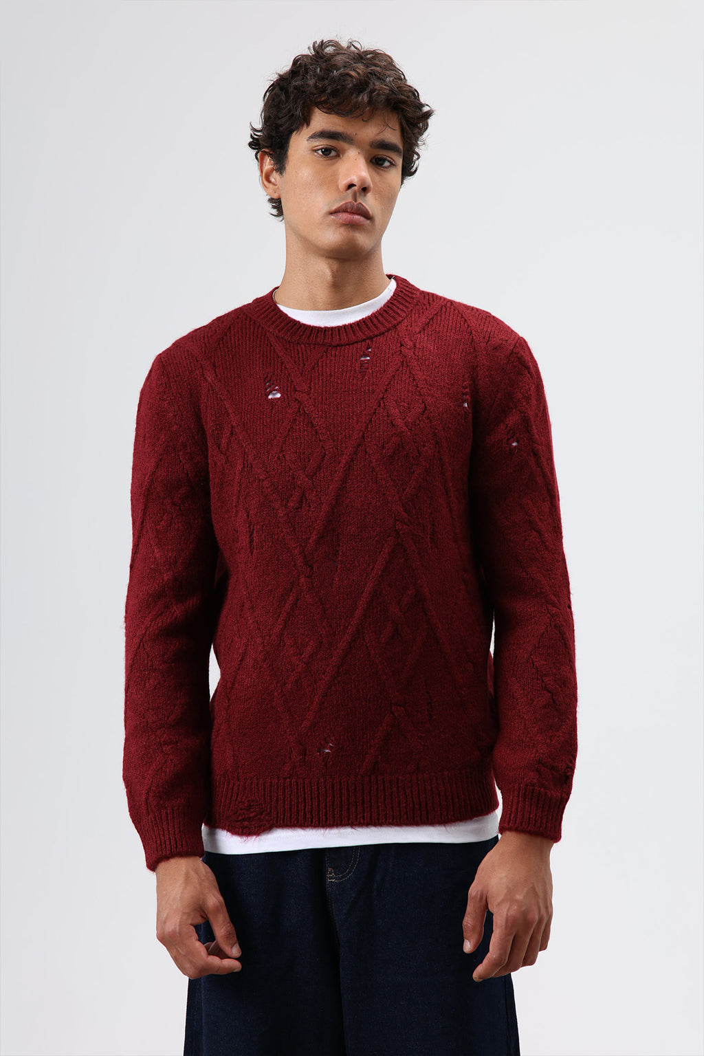 Oversize Desenli Triko Kazak Bordo