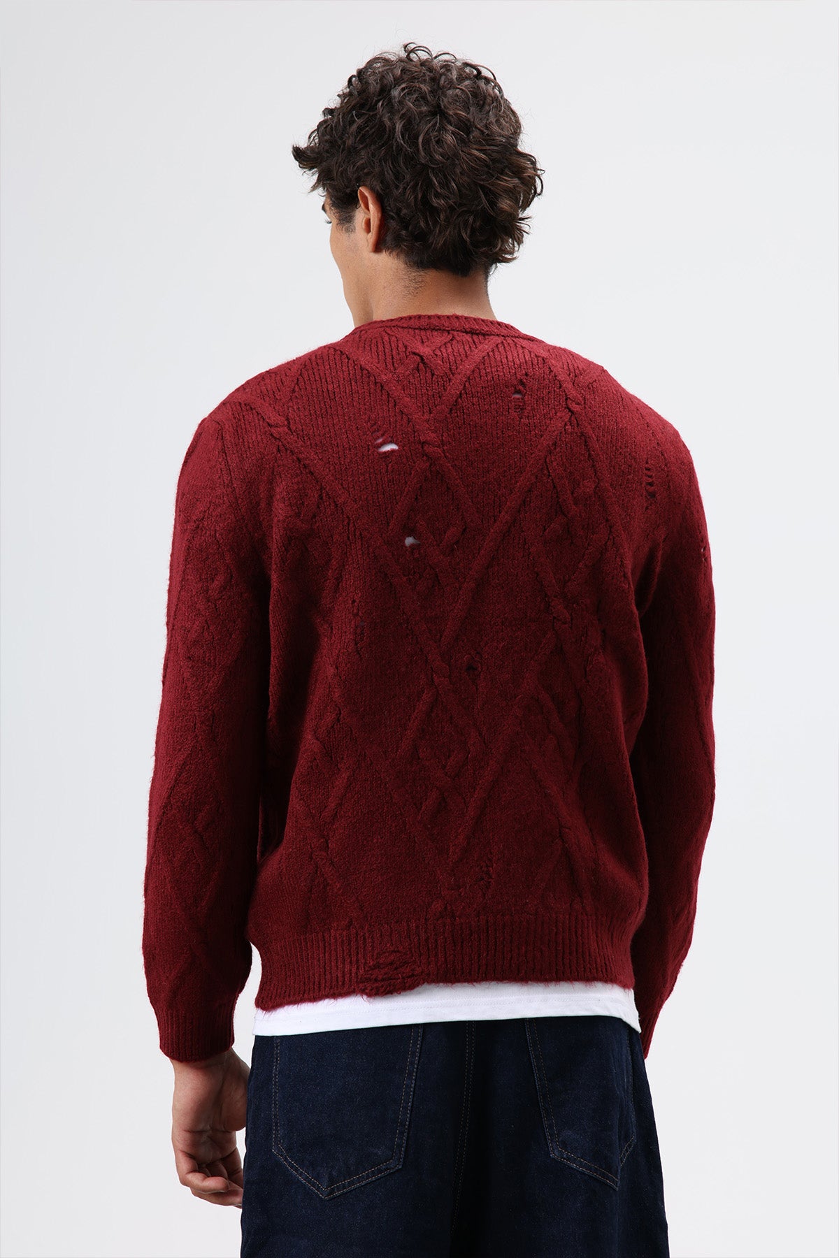 Oversize Desenli Triko Kazak Bordo