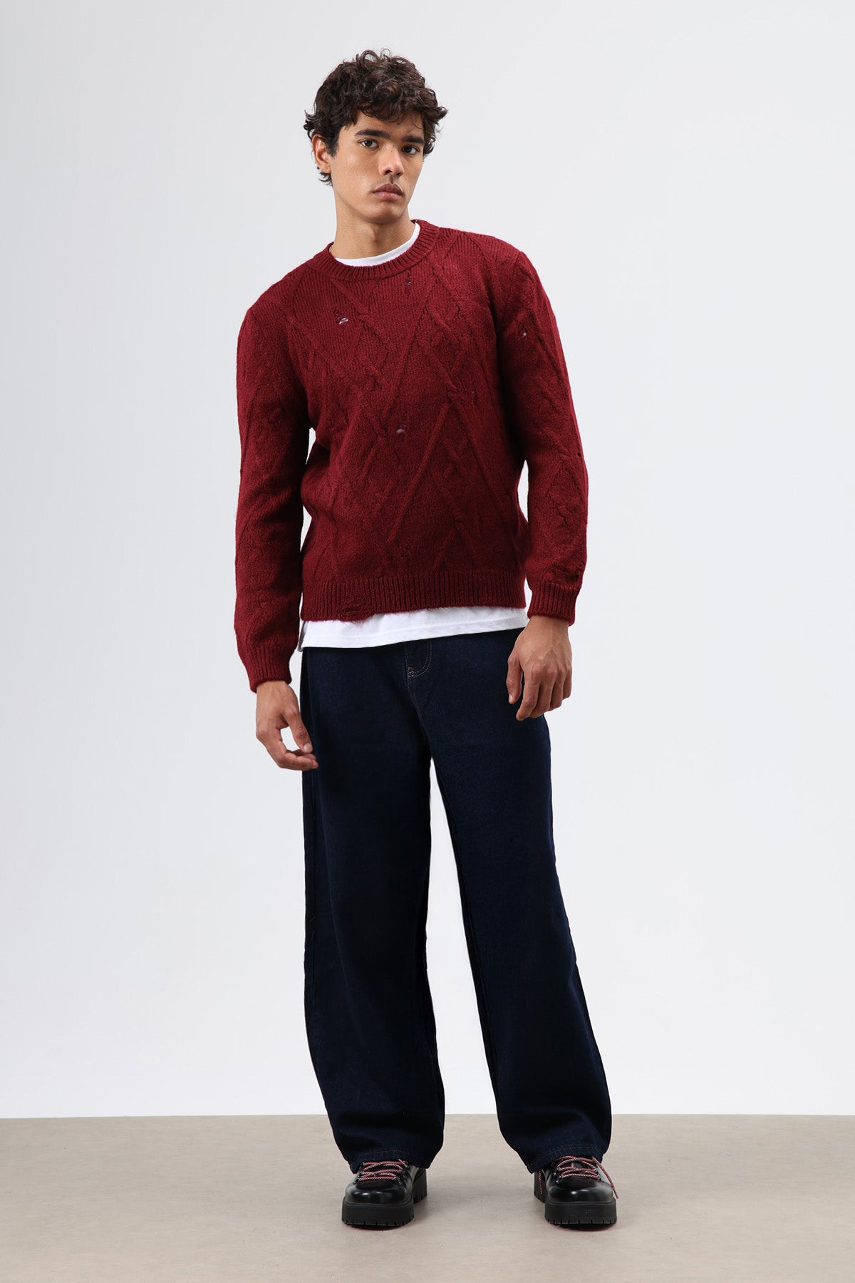 Oversize Desenli Triko Kazak Bordo