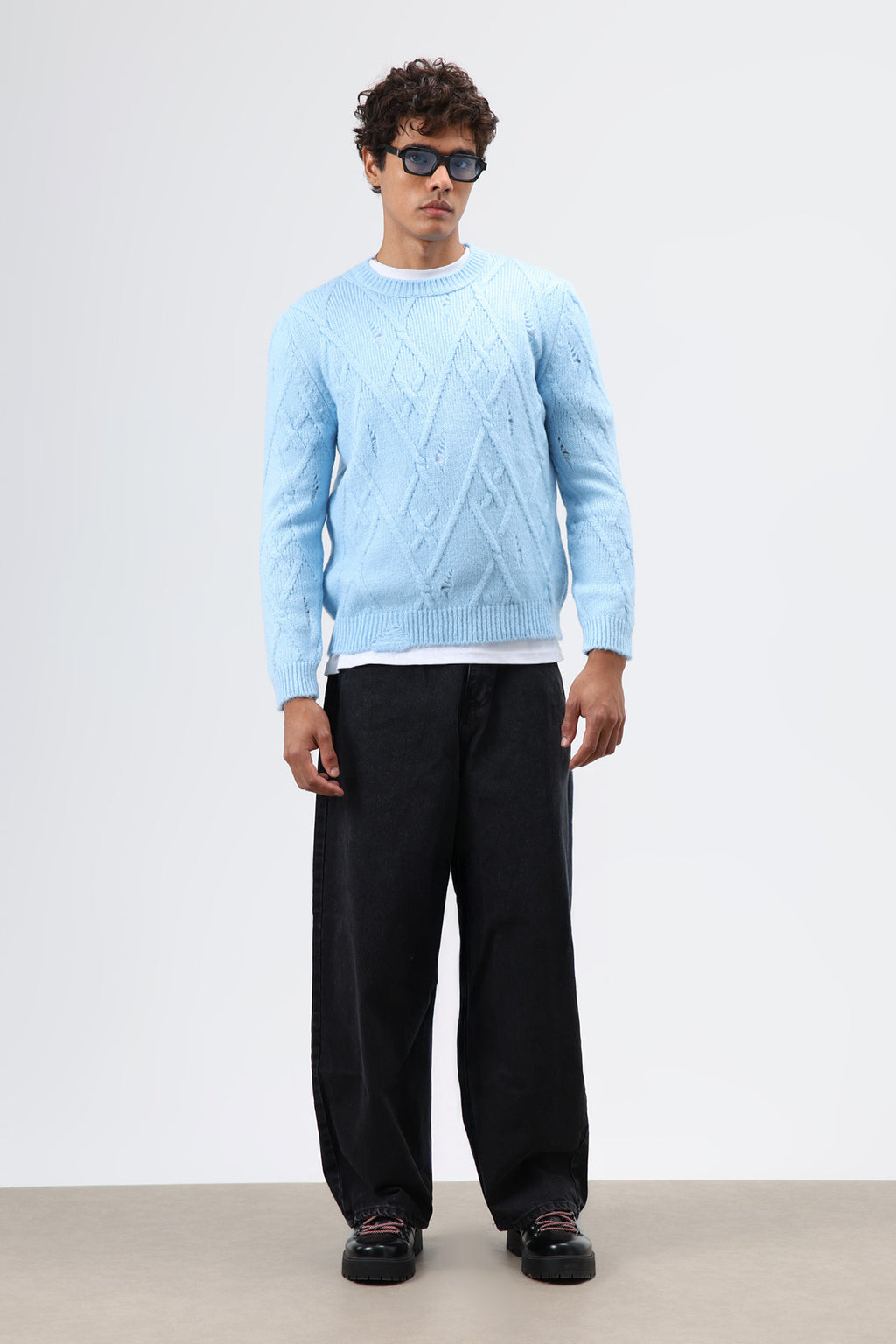 Oversize Desenli Triko Kazak Bebe Mavi