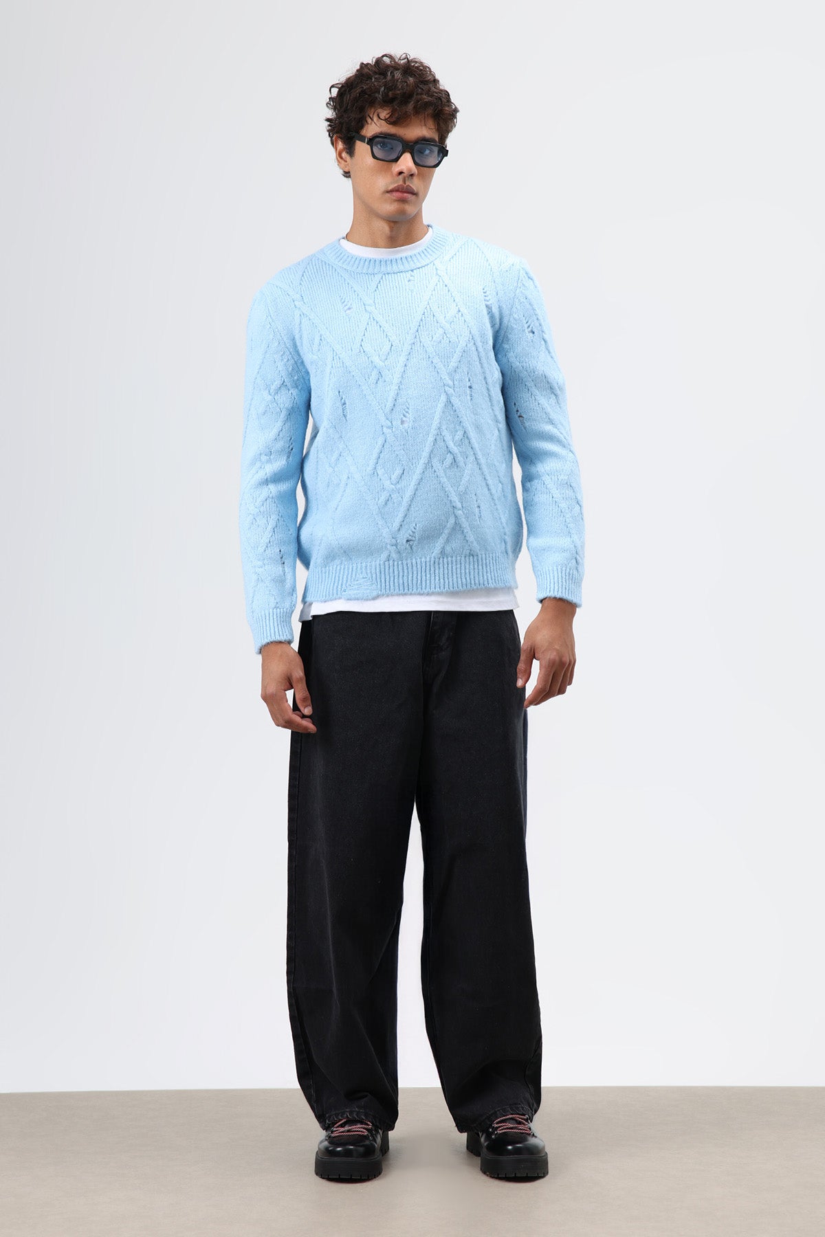 Oversize Desenli Triko Kazak Bebe Mavi