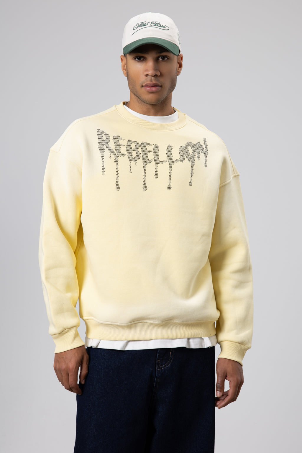 Yıkamalı Oversize Baskılı Sweatshirt Sarı