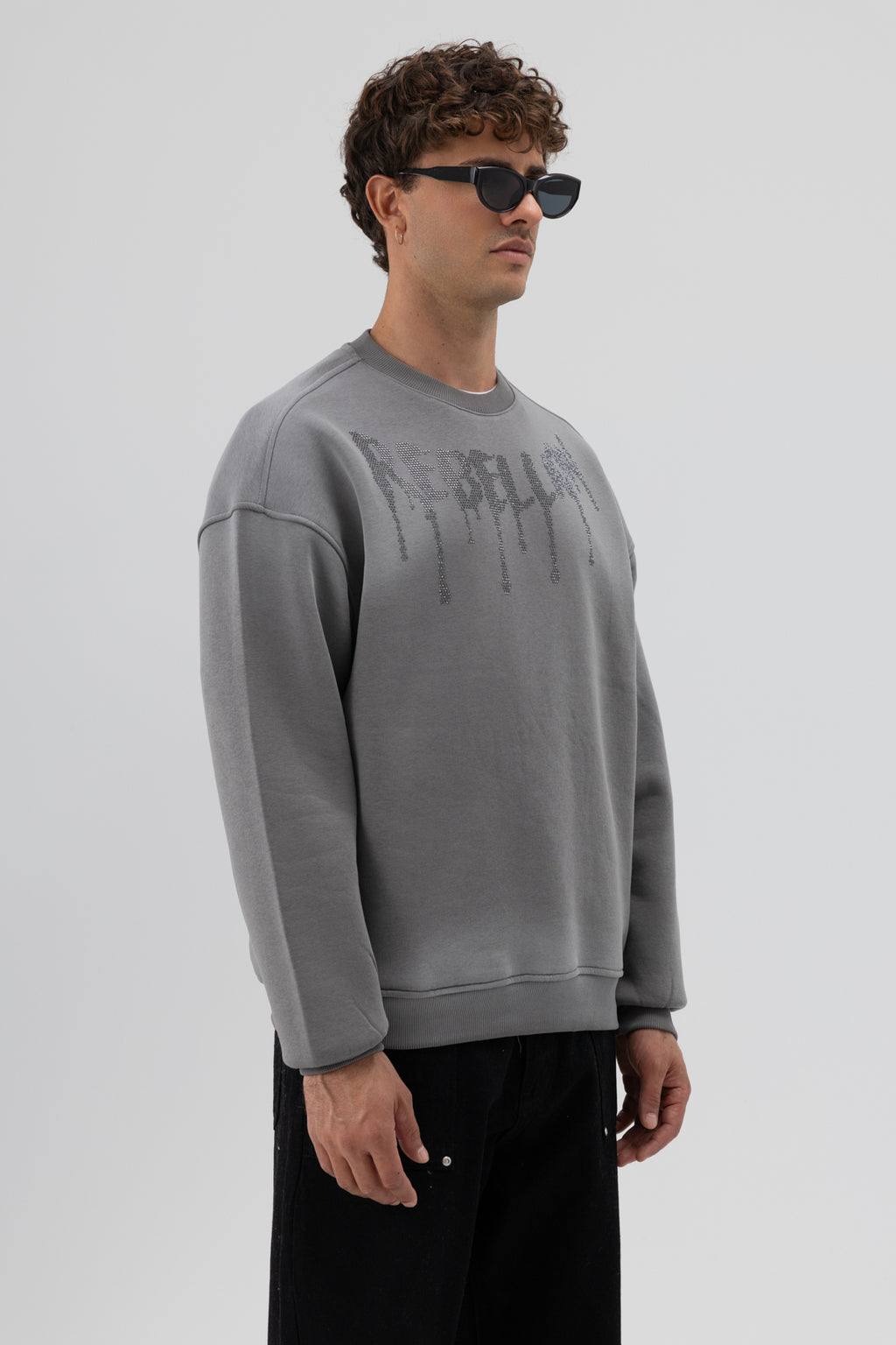 Yıkamalı Oversize Baskılı Sweatshirt Siyah