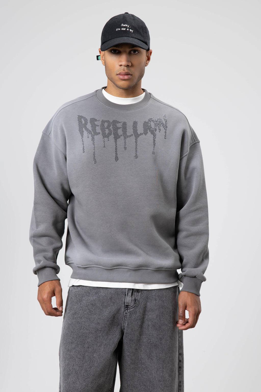 Yıkamalı Oversize Baskılı Sweatshirt Füme