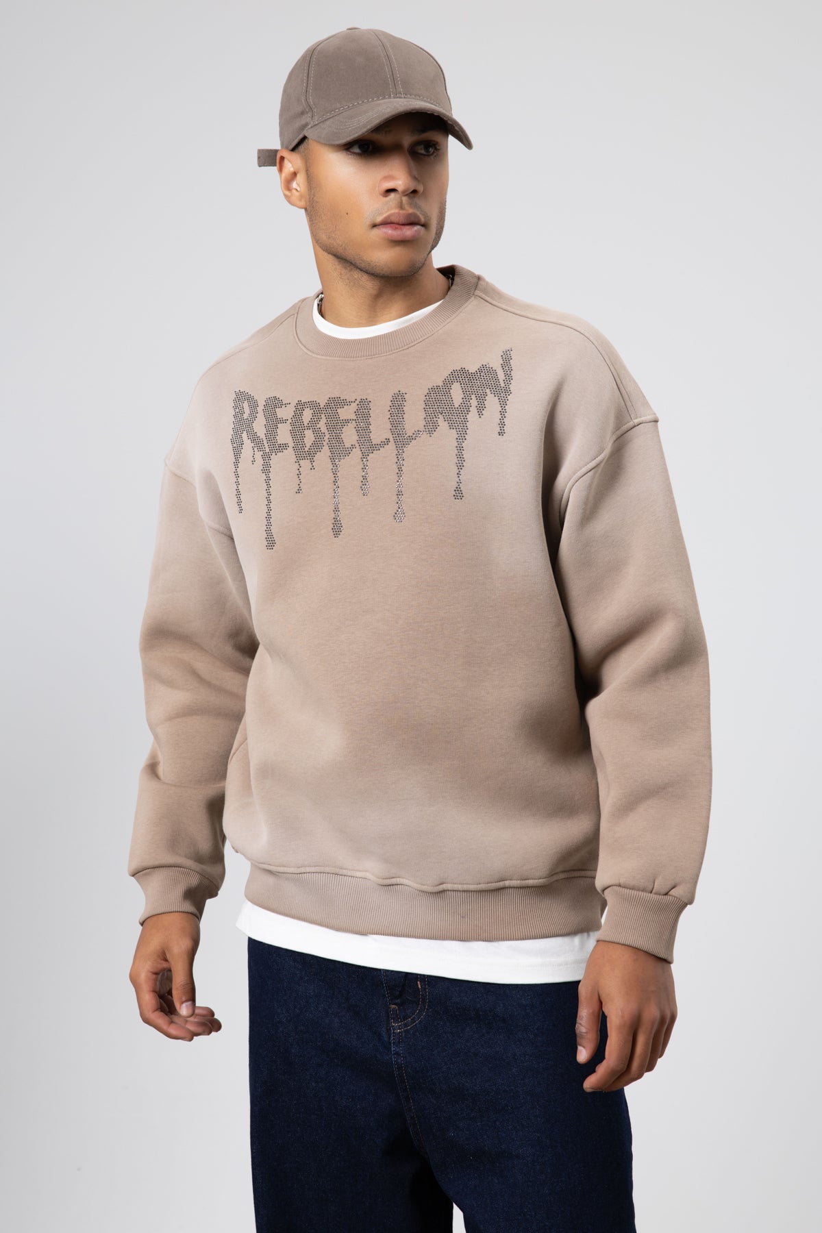 Yıkamalı Oversize Baskılı Sweatshirt Vizon