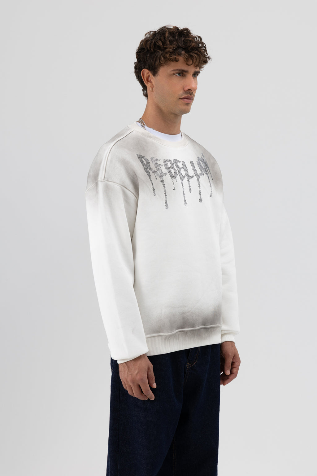 Yıkamalı Oversize Baskılı Sweatshirt Ekru