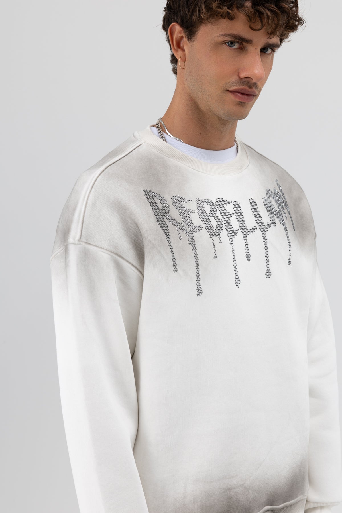 Yıkamalı Oversize Baskılı Sweatshirt Ekru
