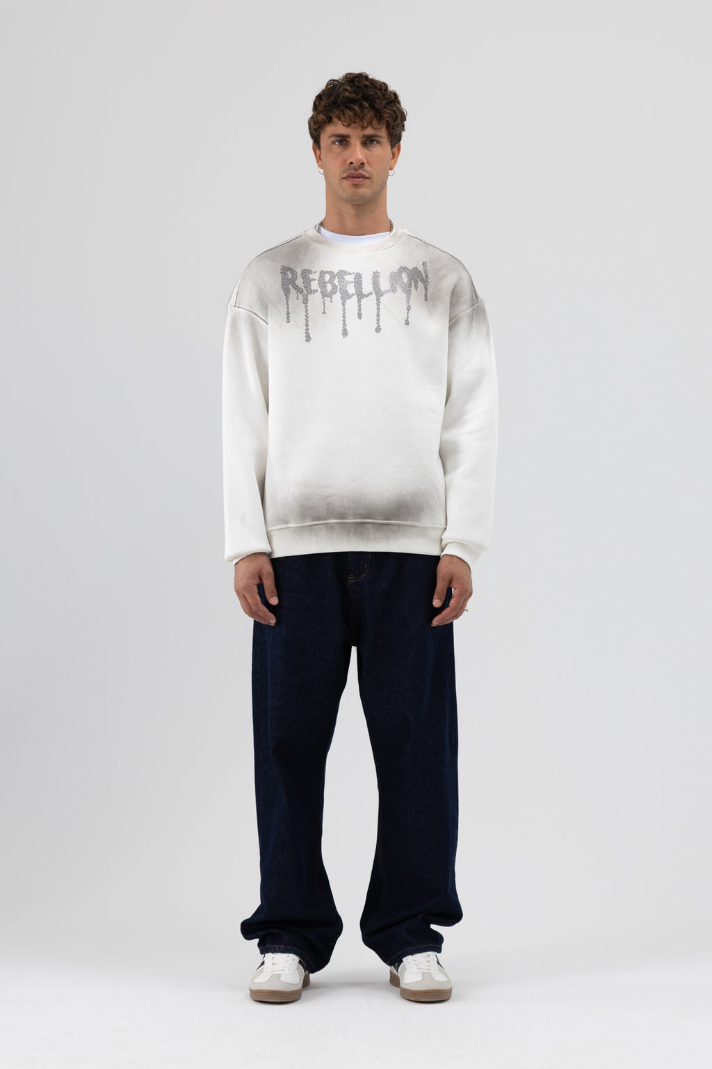 Yıkamalı Oversize Baskılı Sweatshirt Ekru