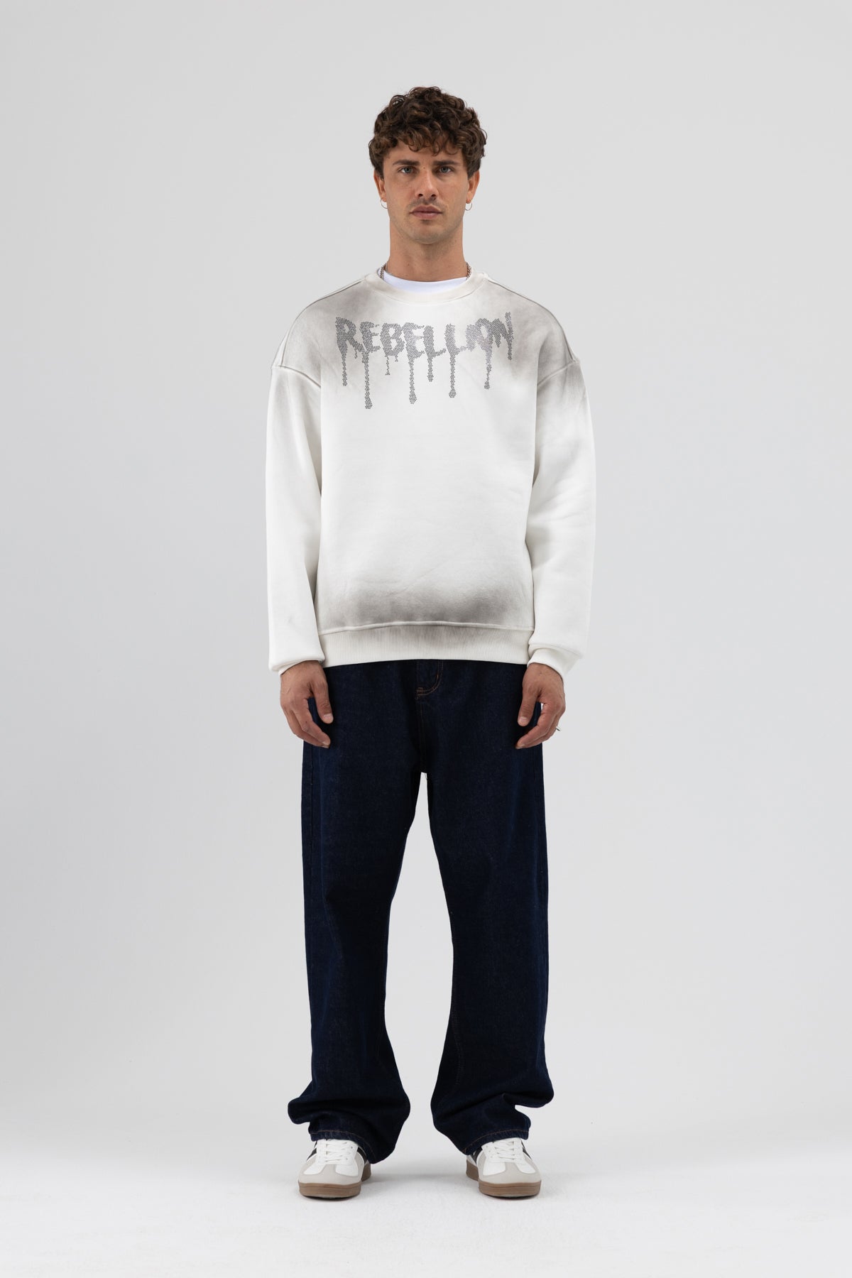 Yıkamalı Oversize Baskılı Sweatshirt Ekru