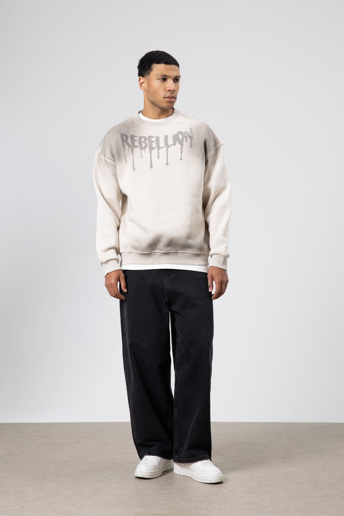 Yıkamalı Oversize Baskılı Sweatshirt Taş