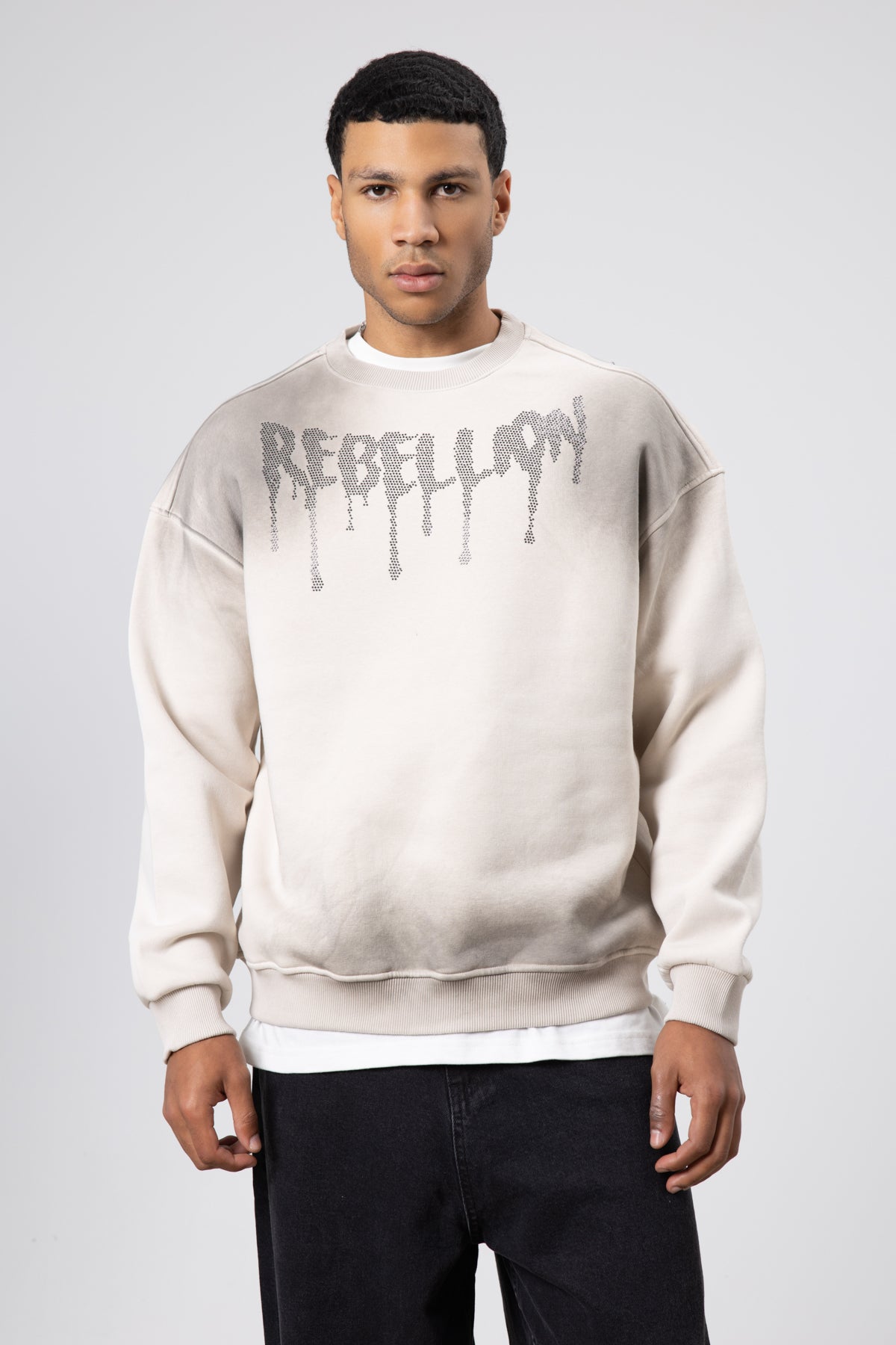 Yıkamalı Oversize Baskılı Sweatshirt Taş