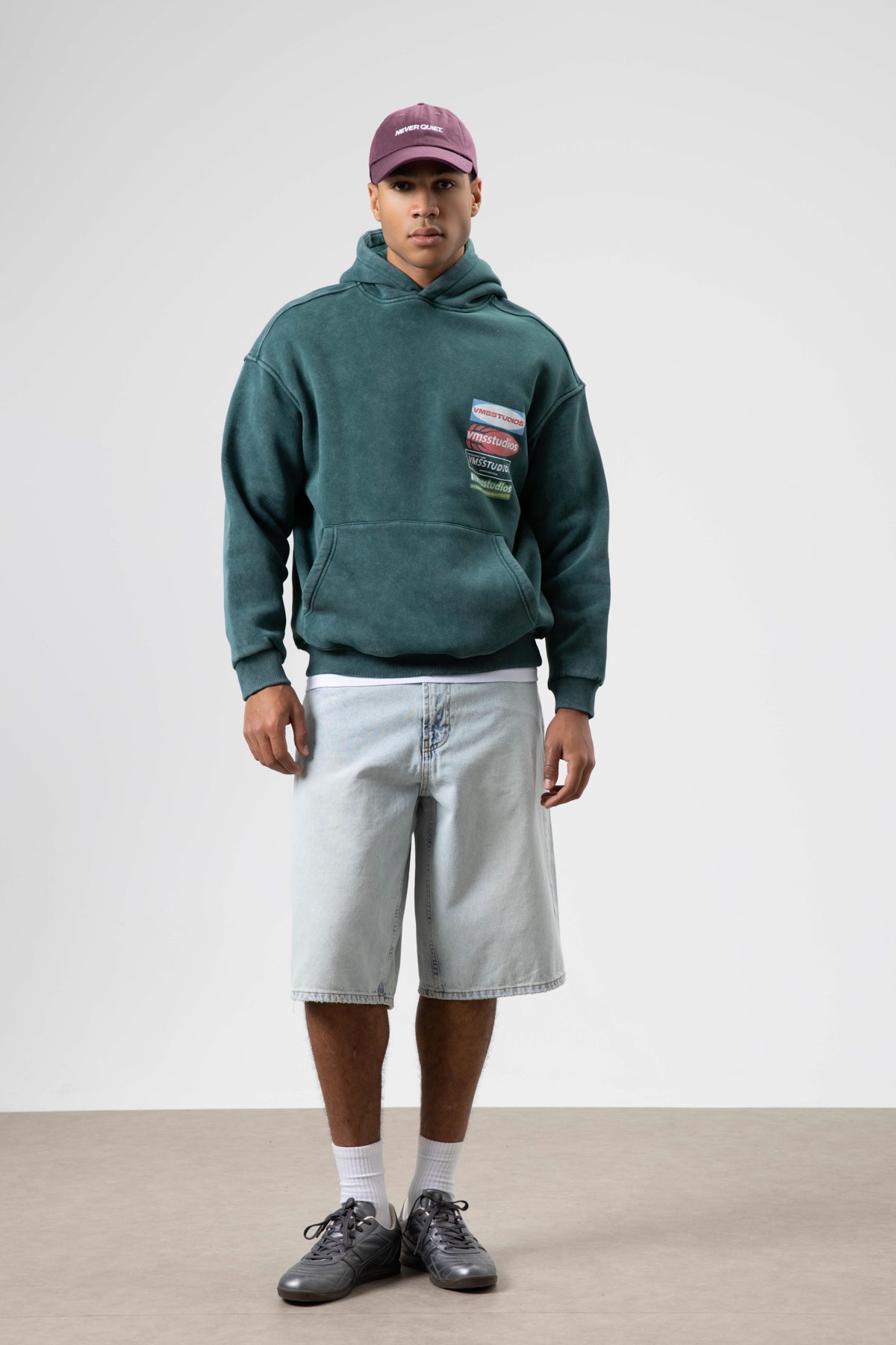 Oversize Yıkamalı Baskılı Kapüşonlu Sweatshirt Nefti