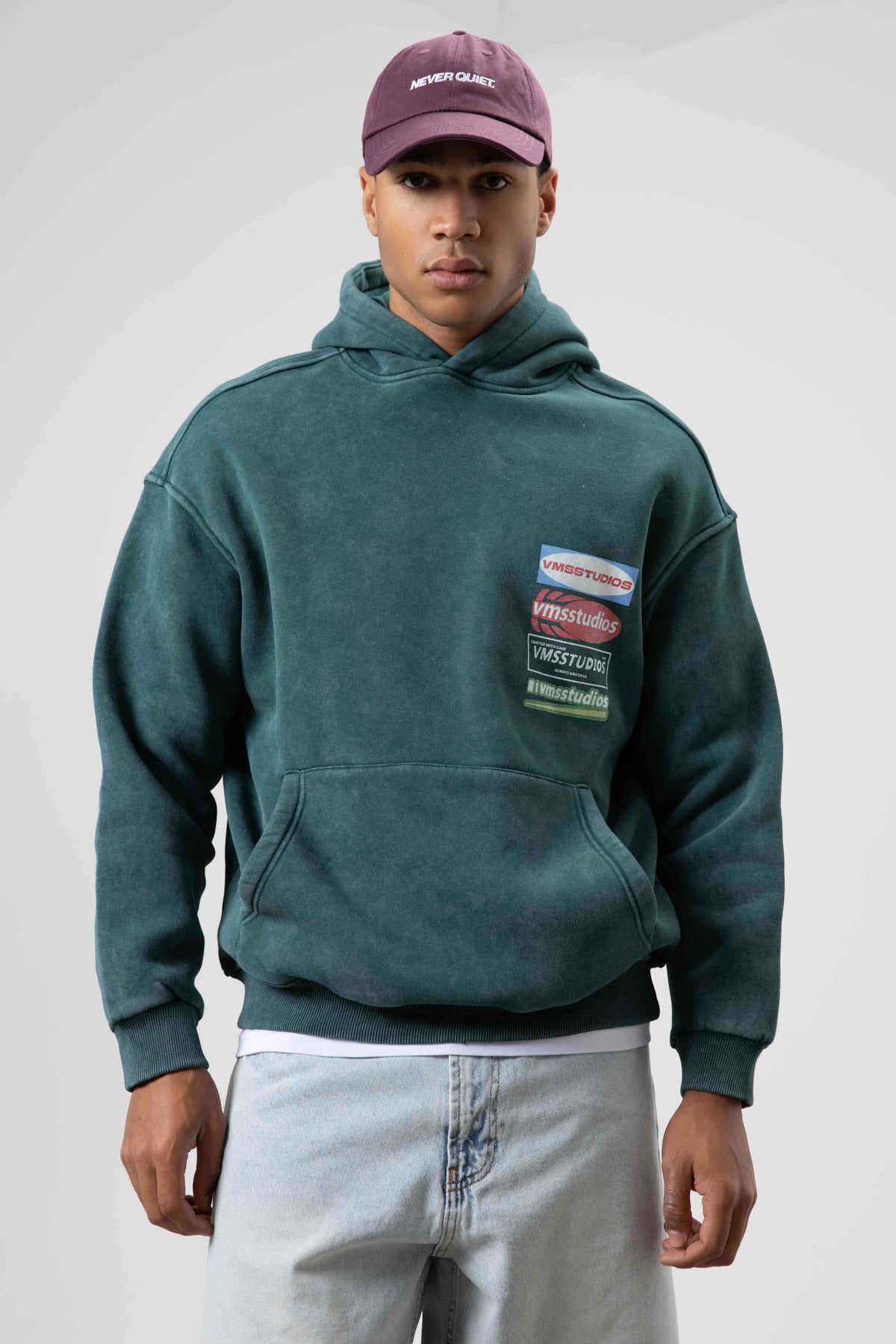 Oversize Yıkamalı Baskılı Kapüşonlu Sweatshirt Nefti