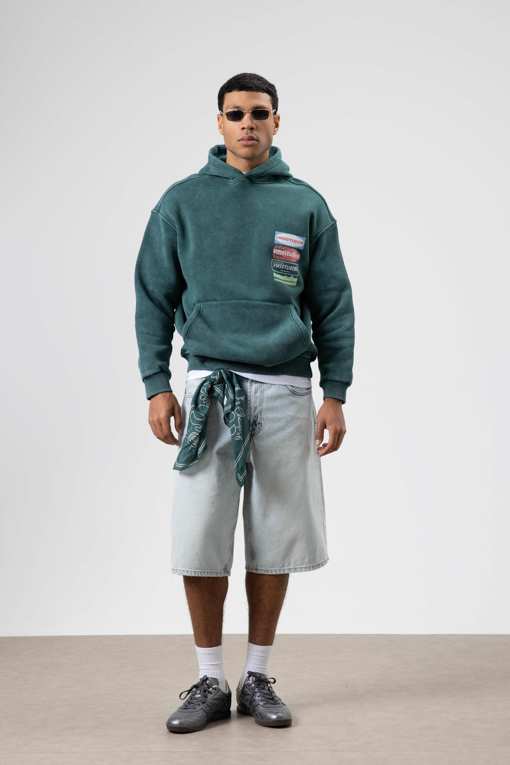 Oversize Yıkamalı Baskılı Kapüşonlu Sweatshirt Nefti