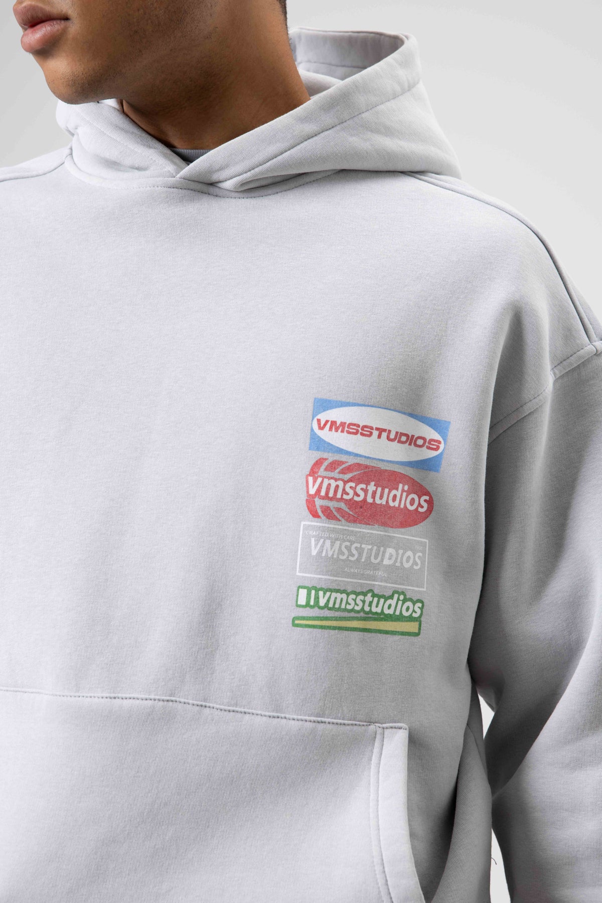 Oversize Yıkamalı Baskılı Kapüşonlu Sweatshirt Açık Gri