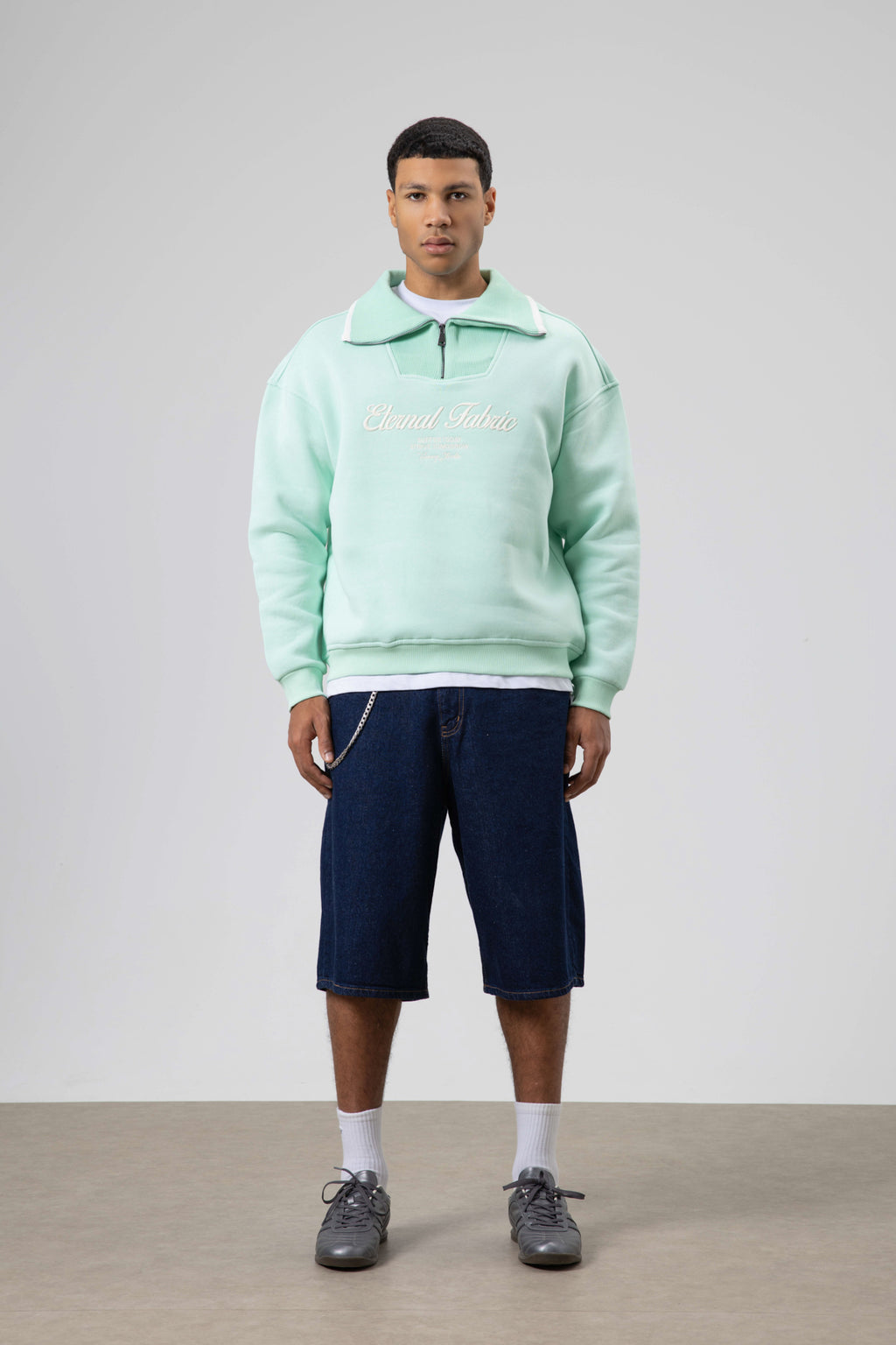 Oversize Fermuarlı Yaka Sweatshirt Mint