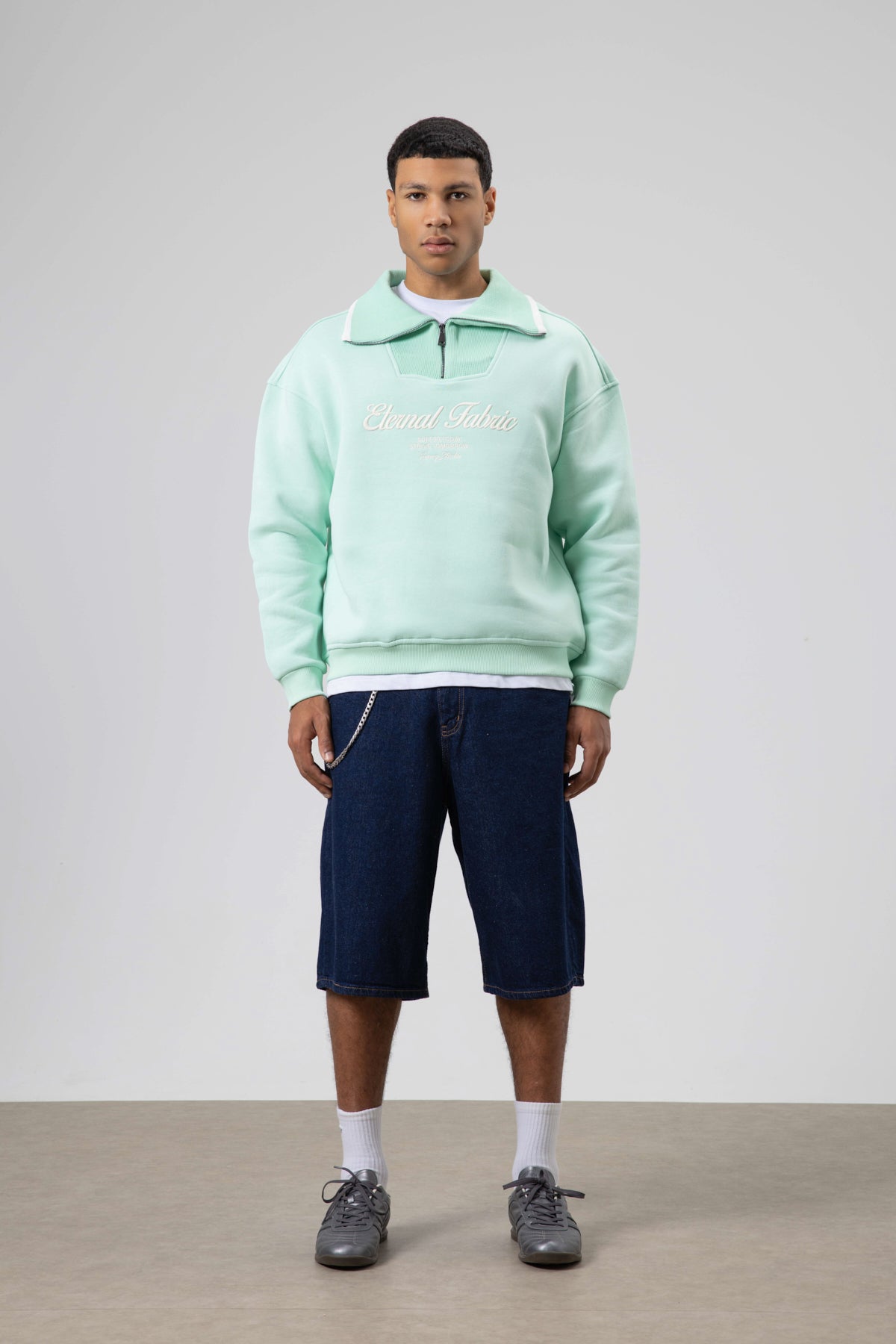 Oversize Fermuarlı Yaka Sweatshirt Mint