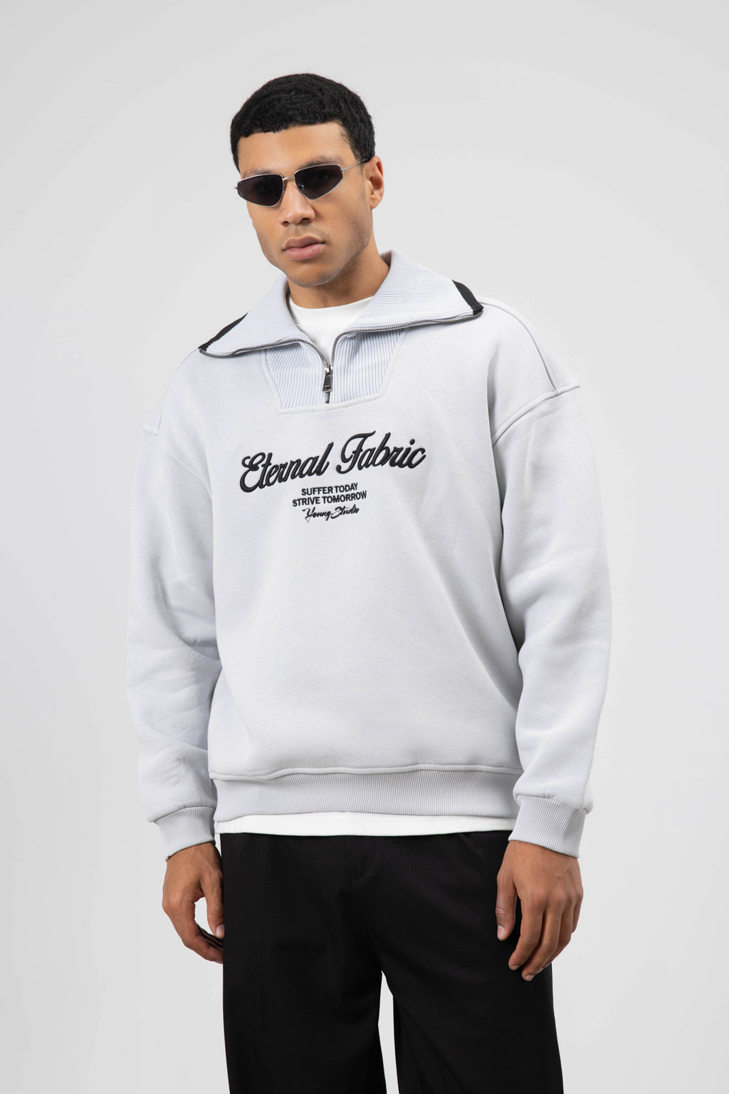 Oversize Fermuarlı Yaka Sweatshirt Açık Gri