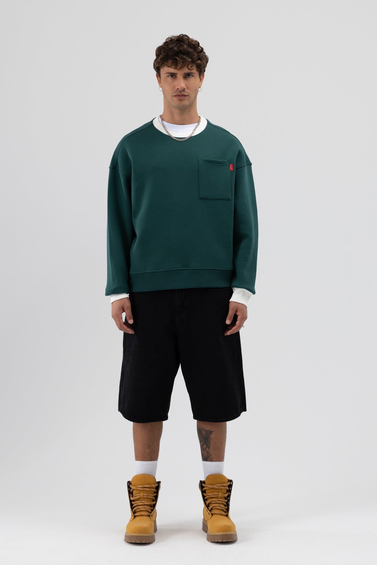 Bisiklet Yaka Cep Detaylı Oversize Sweatshirt Nefti