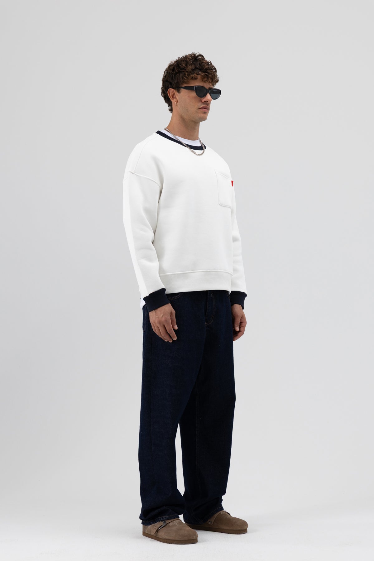Bisiklet Yaka Cep Detaylı Oversize Sweatshirt Ekru